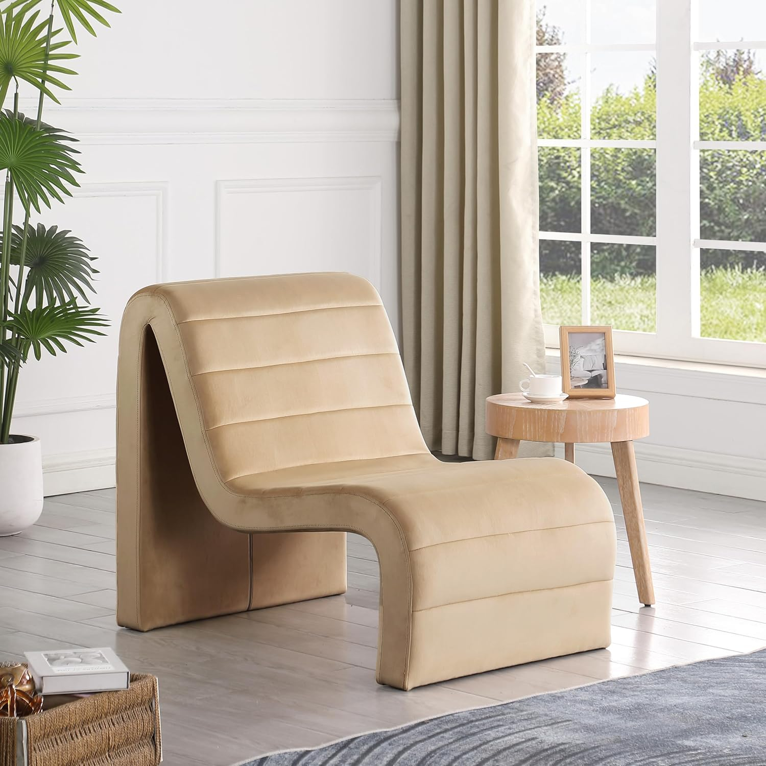 Meridian Furniture 403Camel Ivy Collection Modern | Contemporary Velvet Upholstered Accent Chair with Rich Camel Velvet, Channel Tufted Design, Curved Shape, 26.4" W x 37.4" D x 31.1" H, Camel