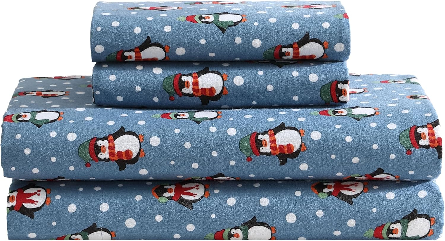 Winter Nights Cotton Flannel Sheet Set, Queen, Penguins