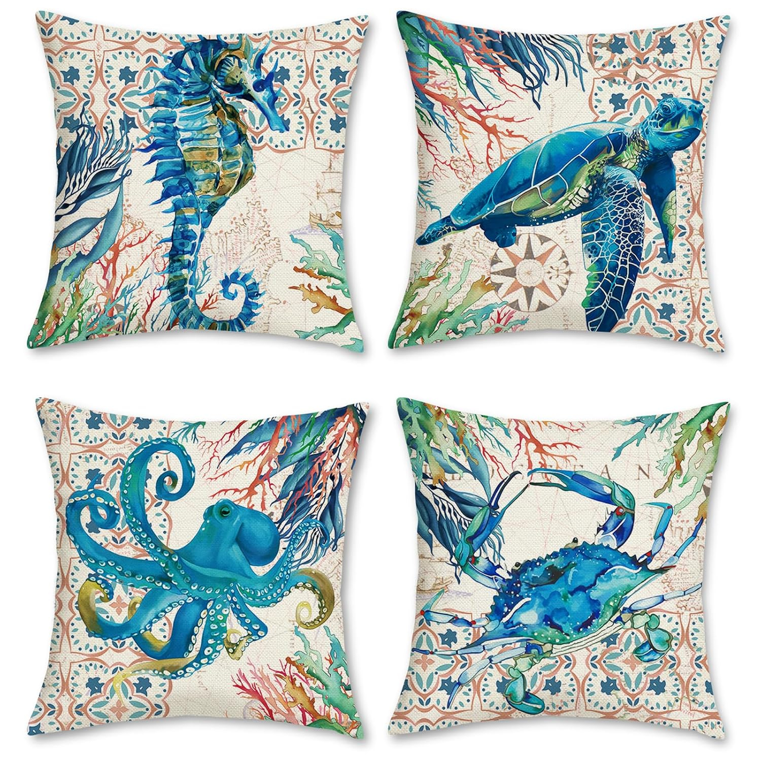 Bonhause Nautical Coastal Ocean Throw Pillow Covers 18 x 18 Inch Set of 4 Sea Turtle Seahorse Octopus Outdoor Decorative Pillow Cases Polyester Linen Cushion Covers for Sofa Couch Bedroom Home Décor