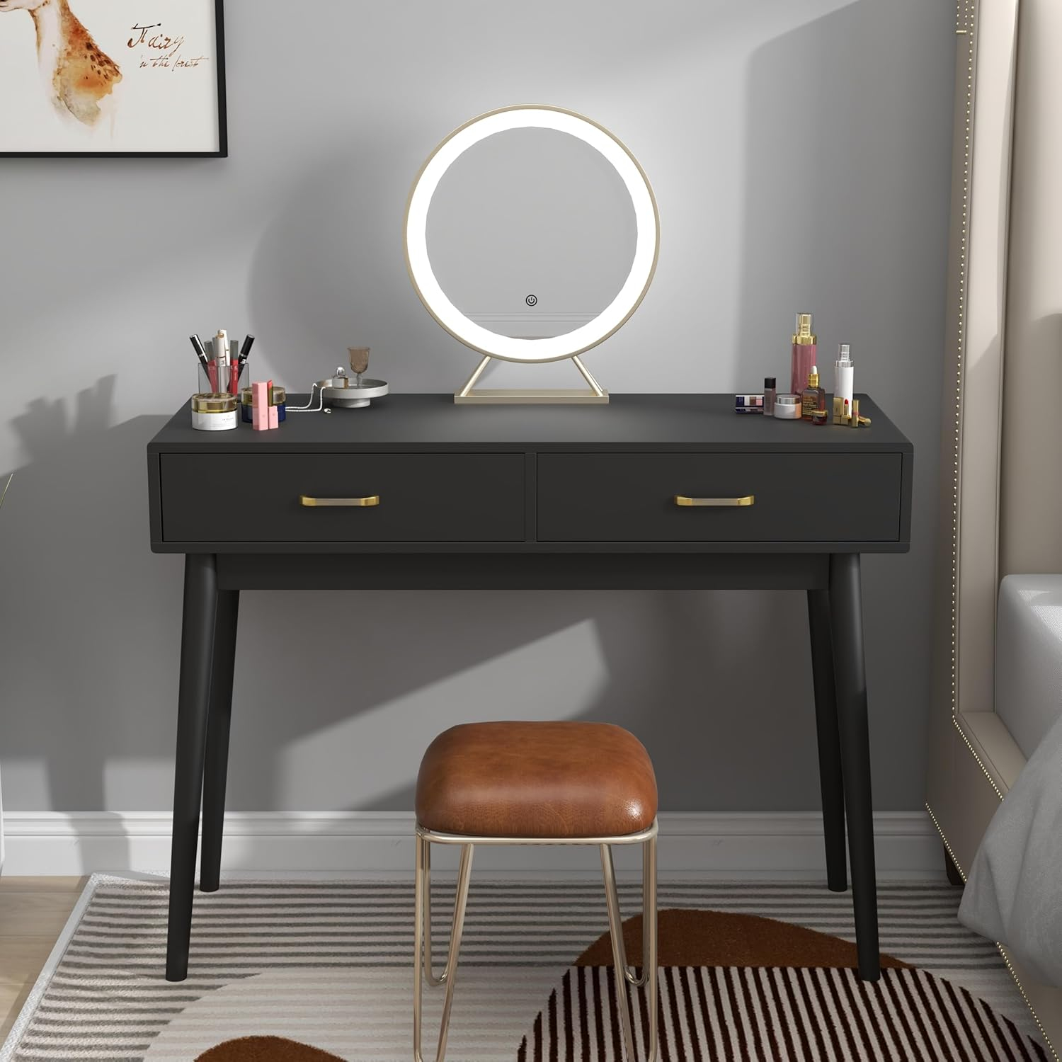Small White Desk with 2 Drawers, Modern Writing Desk for Small Spaces, Home Office Desk for Study, Laptop Computer Desk for Work, Makeup Vanity Table for Bedroom (White)