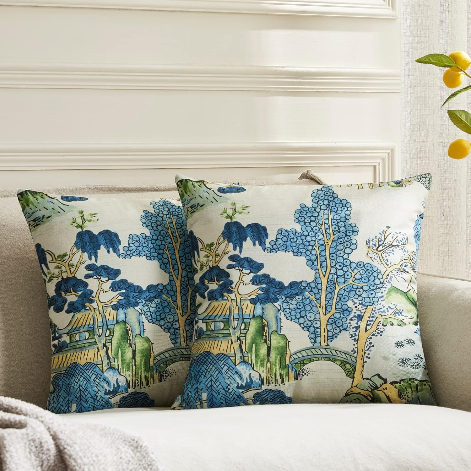 Chinoiserie Pillow Covers 20 x 20 Set of 2 Asian Scenic Linen Throw Pillow Cover Vintage Blue and Green Farmhouse Decorative Pillowcases for Living Room Couch Bed Sofa Outdoor