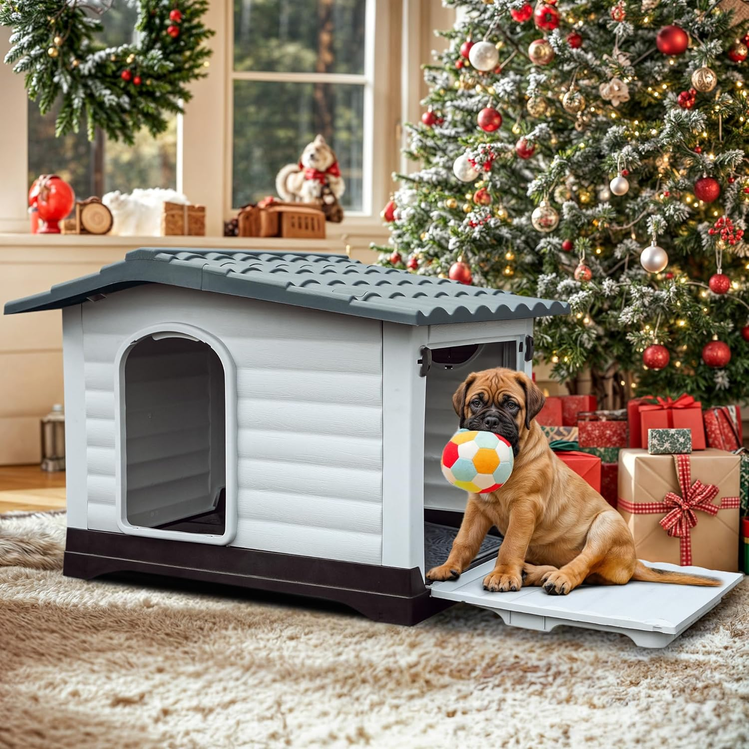 YITAHOME 36'' Large Double Door Dog House with Porch & Cushion, Outdoor Plastic Doghouse with Elevated Base, Easy to Install, Water-Resistant Pet House for Small Medium Dogs (36''L*27.1''W*26''H)