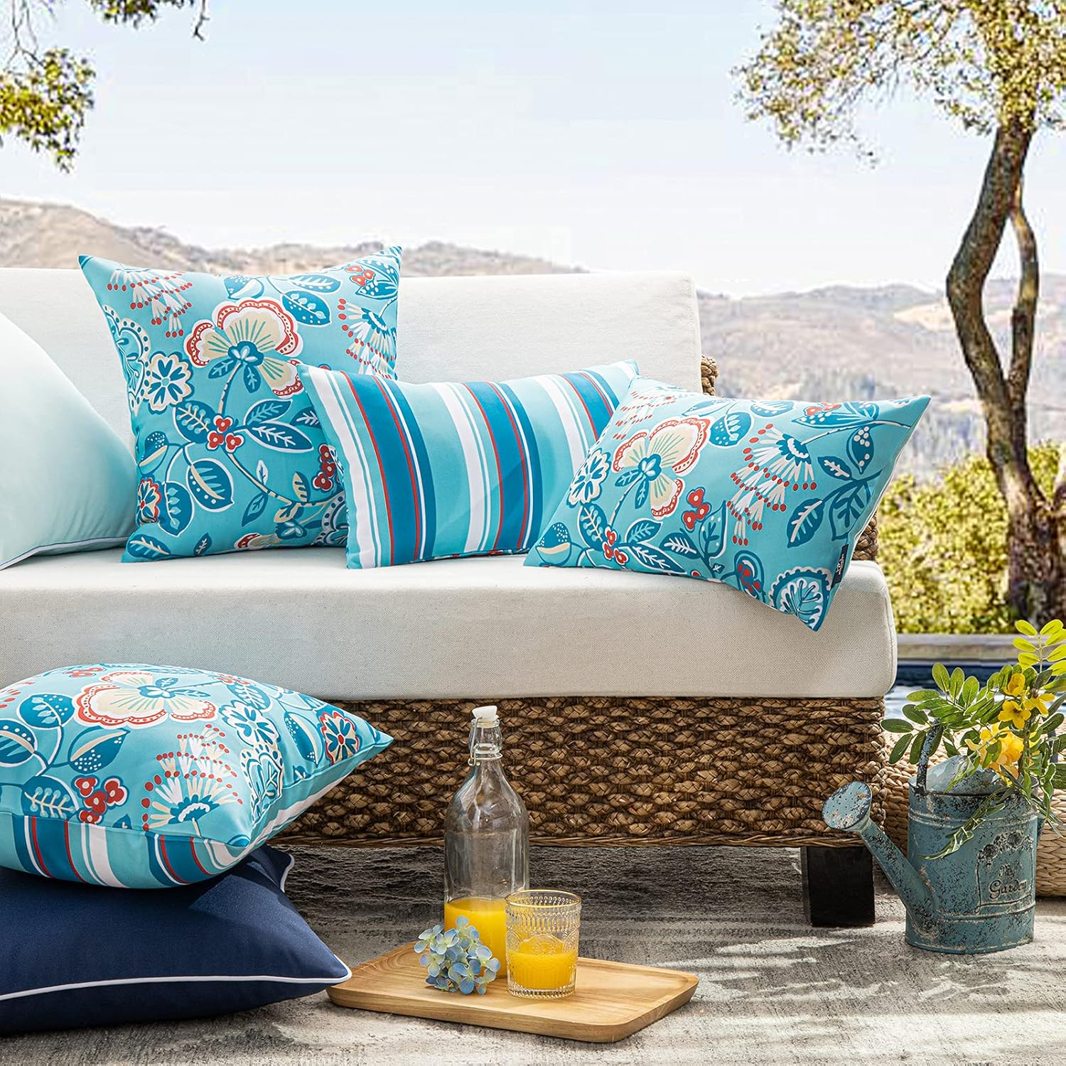 Turquoise Floral and Striped Waterproof Polyester Pillow Covers Set