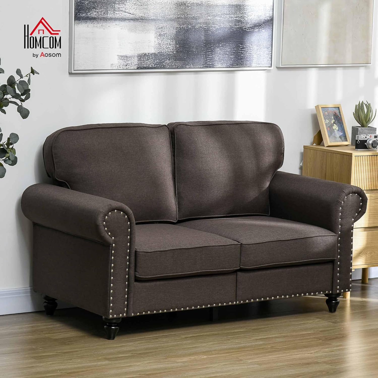 Dark Brown Fabric Upholstered Mid Century Modern Loveseat Sofa