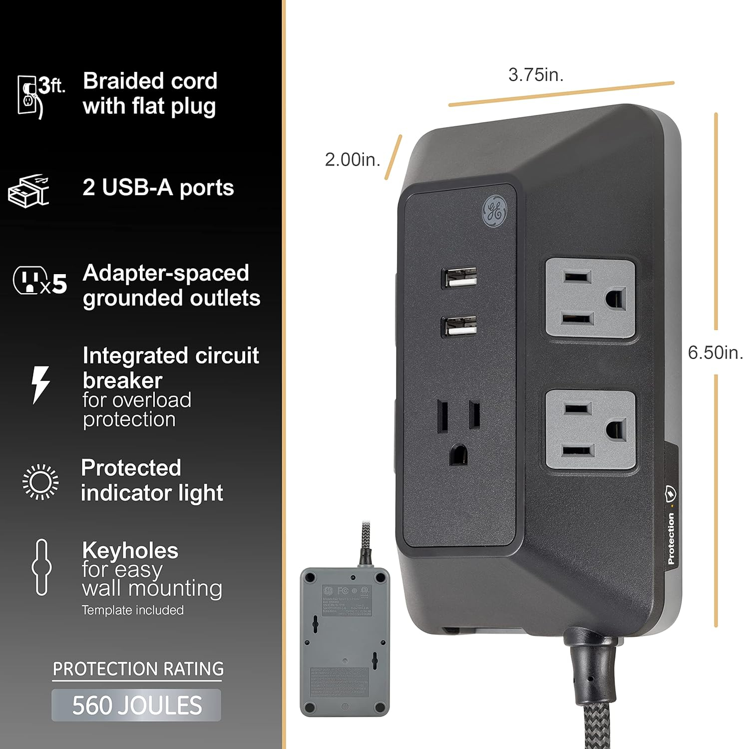 GE Adapt 5-Outlet Surge Protector Power Strip, USB Hub, 3ft Braided Cord, Black