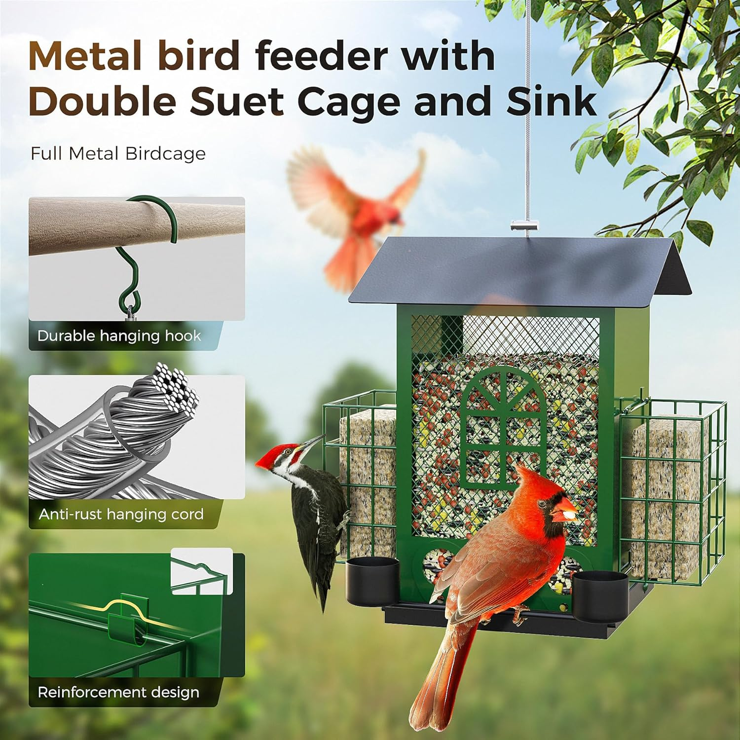 PerchMe®Bird Feeders for Outdoors Hanging, Metal Bird House Feeder with 2 Suet Cage and 4 Water Cups,Large Capacity,Weatherproof,Easy to Clean & Refill-Green