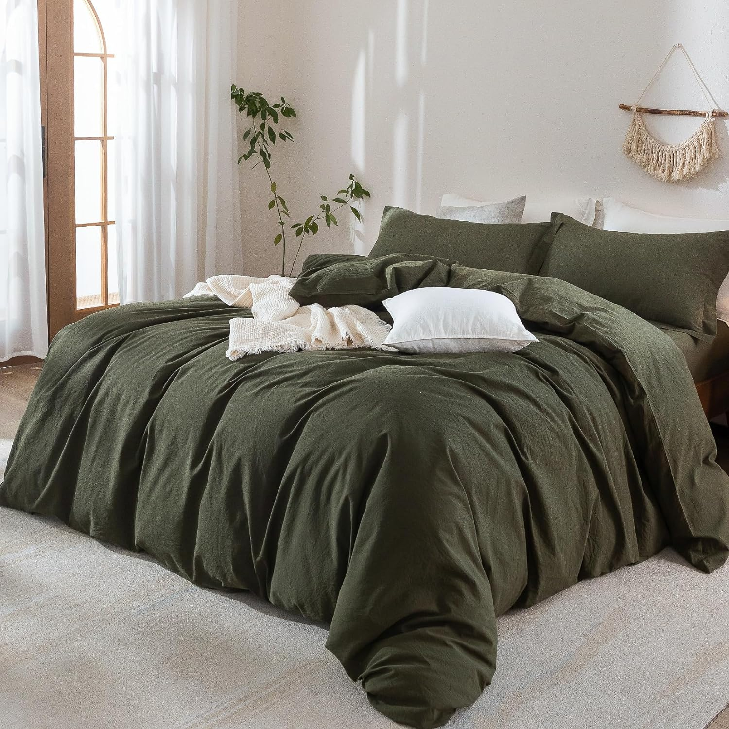 Olive Green Duvet Cover Queen Size, 100% Washed Cotton Bedding Set Cover 1 Duvet Cover 90inch x 90inch with Zipper Closure and 2 Pillowcases, Olive Green