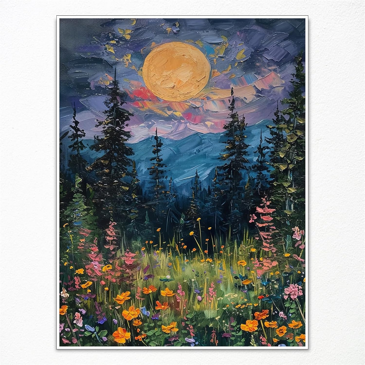 SYDposter Vintage Full Moon Above The Wildflowers Canvas Wall Art, Mystical Midnight Woodland Art Print Poster, Retro Flowers and Trees Nature Oil Painting, Dark Forest Landscape 12x16in Unframed