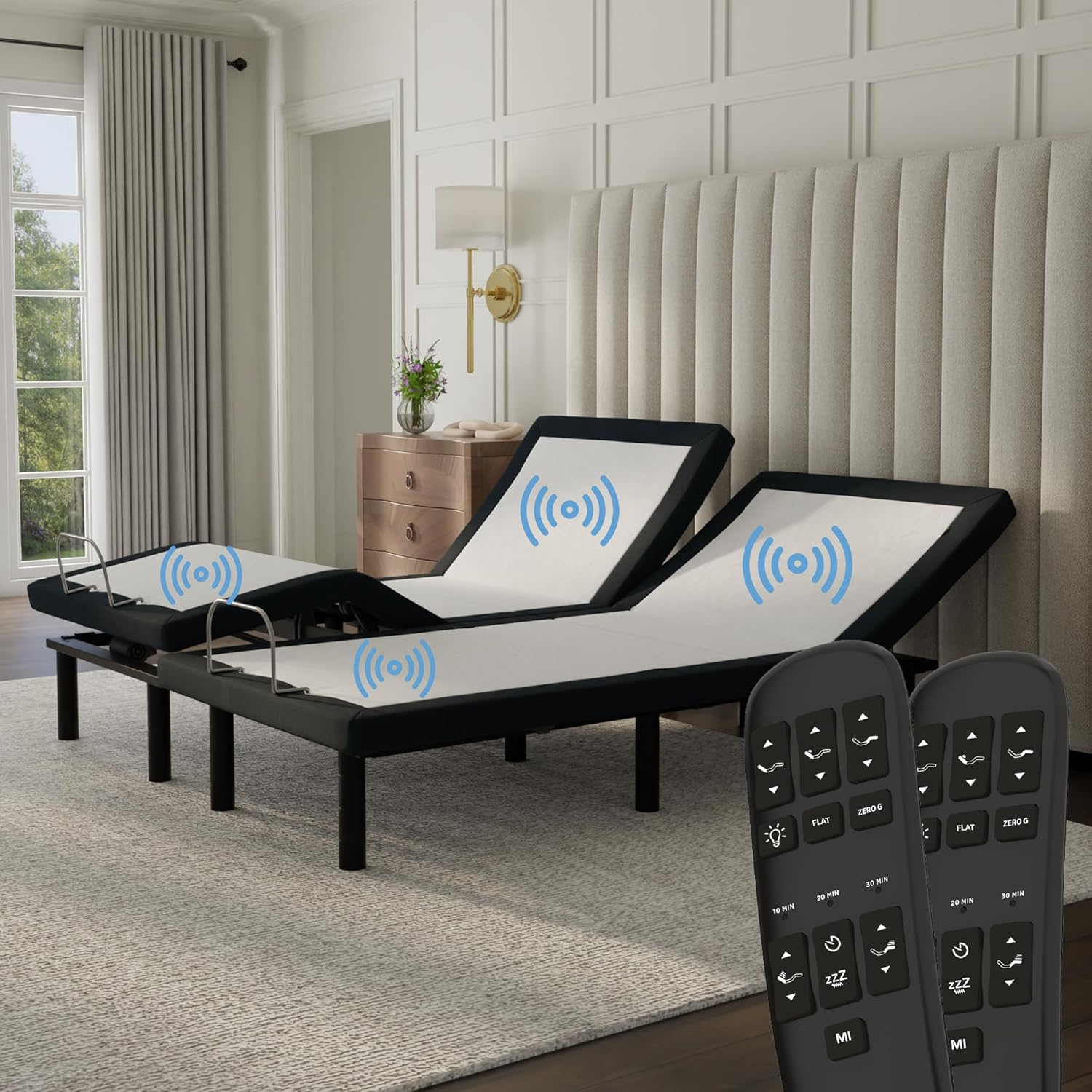 Blissful Nights e4 Cal King Split Adjustable Bed Base Frame with Wireless Remote, Massage Motors, Anti-Snore, Zero Gravity, Dual USB Charging Station, Under-Bed Light, and 10 Year Warranty