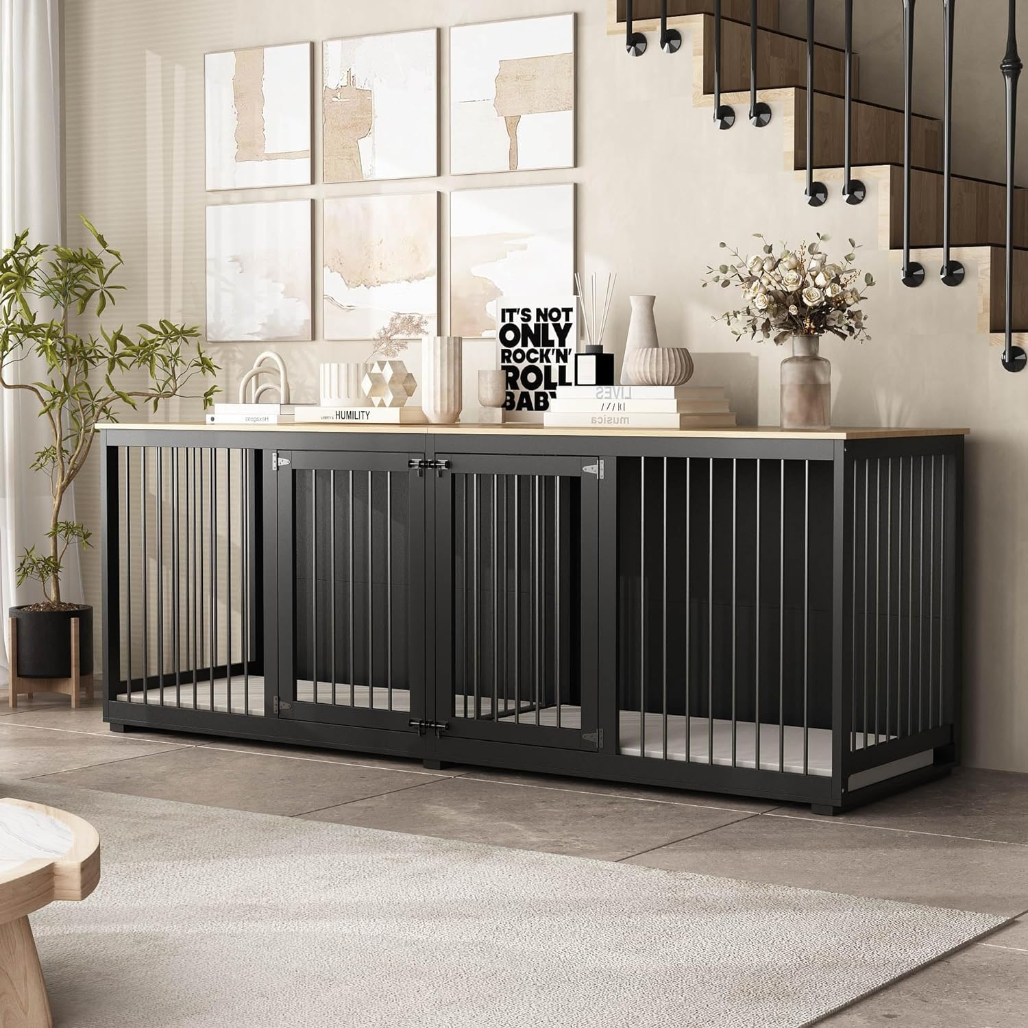 94.5" Extra Large Dog Crate Furniture, Heavy Duty Dog Kennel with a Removable Divider, Indoor Furniture Style Dog Crate House TV Stand with Double Rooms for Large Medium Breed Dogs, Black