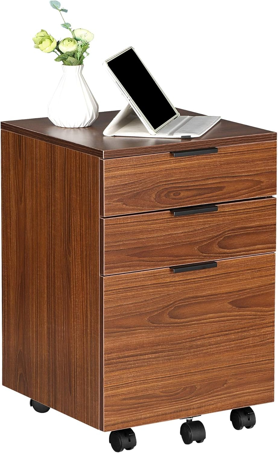 JJS  3 Drawer Rolling Wood File Cabinet with Locking Wheels for A4 or Letter Size Brown