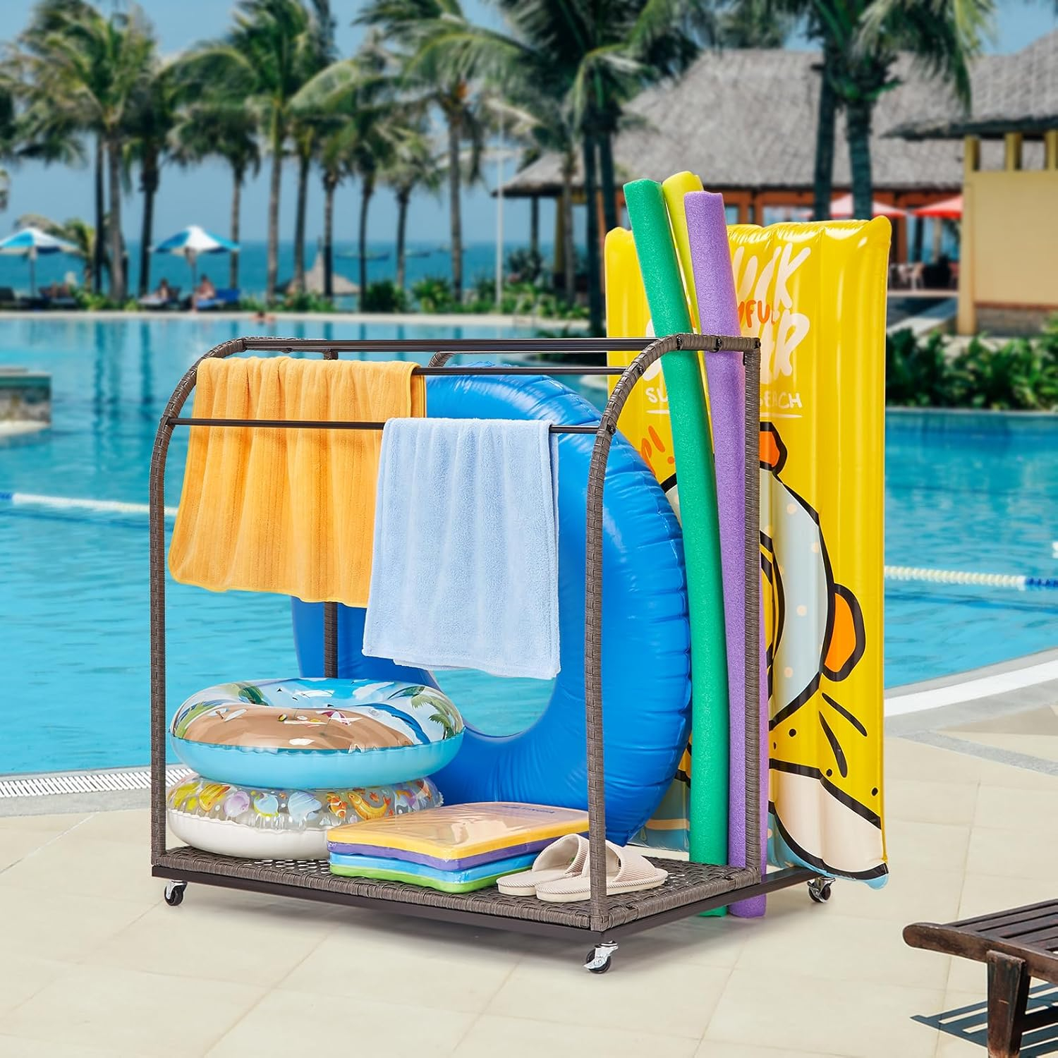 Outdoor Rattan 5-Bar Poolside Towel Rack with Storage