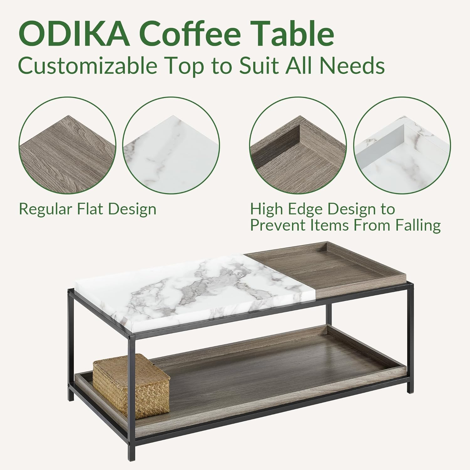 Convertible Entertaining Coffee Table - Faux Marble Coffee Table with 2 Removable Trays, 47 Living Room Table, Modern Coffee Table, Walnut Coffee Table