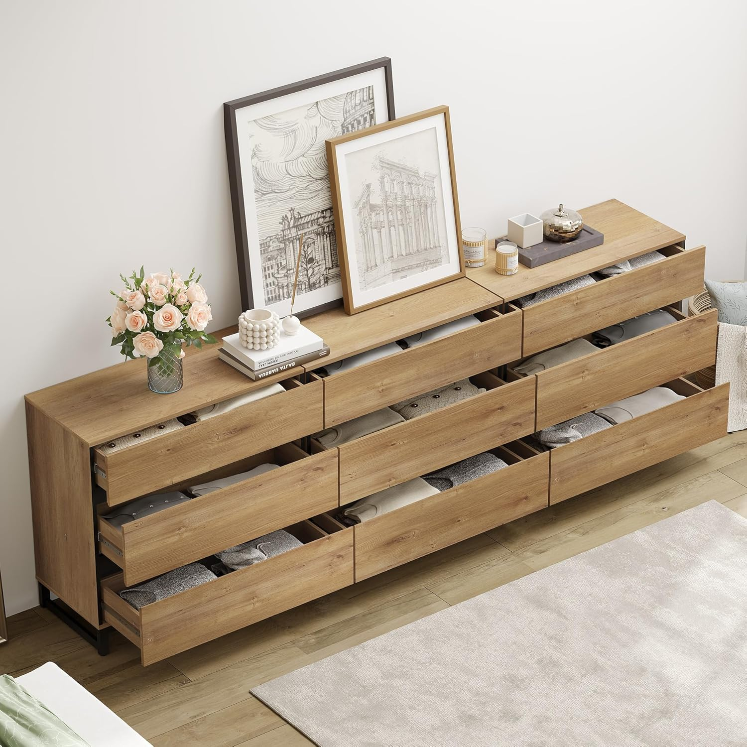 WAMPAT Dresser for Bedroom, Closet Organizers and Storage with 9 Drawers, Chest of Drawers with Metal Base, Wooden Modern Dresser for Living Room, Bedroom, Entryway, Oak