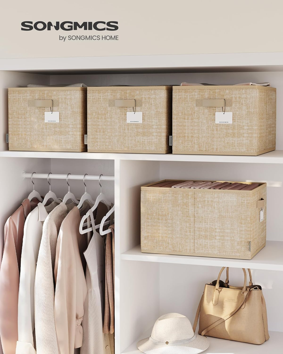 SONGMICS Storage Baskets, Set of 3 Fabric Storage Bins, 15.7 x 11.8 x 9.5 Inches, Foldable Closet Organizer for Shelves, 2 Handles, Label Holders, for Bedroom, Living Room, Sand Beige UROB440K01