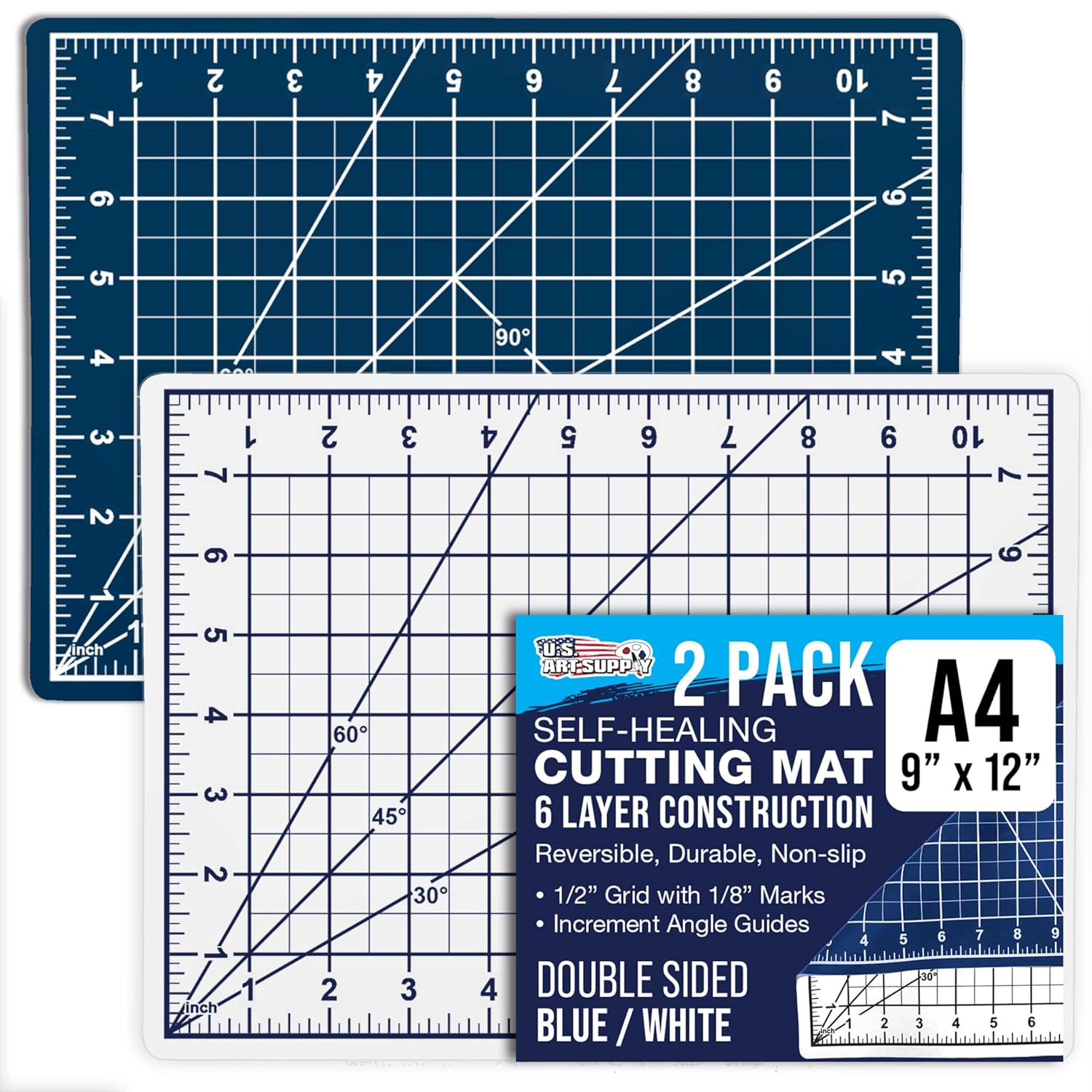 U.S. Art Supply 2 Pack of 9" x 12" White/Blue Professional Self Healing 5-6 Layer Double Sided Durable Non-Slip PVC Cutting Mat