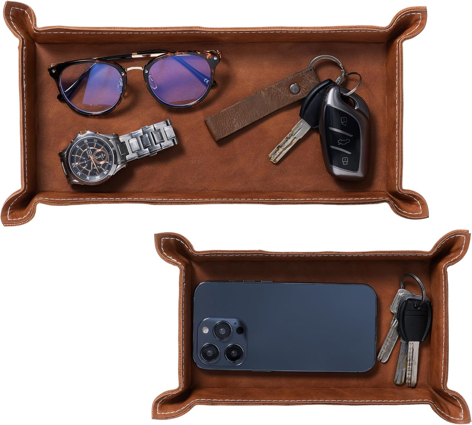 Navaris Faux Leather Tray Set - 2 Valet Organizer Trays for Bedside Table, Retro Fashion - Desk Storage Plate for Key Coin Phone Wallet (Brown)