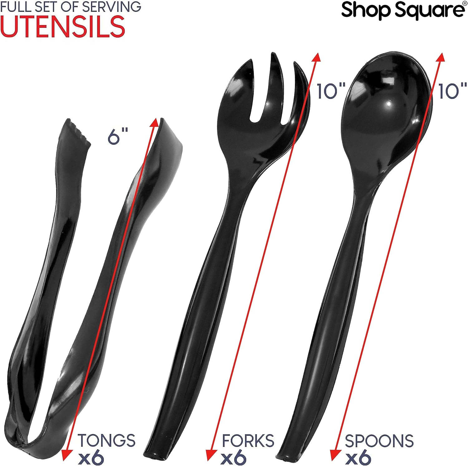 Disposable Serving Utensils - Set of 18 Party Utensils, 6 Each 6" Tongs, 10” Spoons, 10” Forks, Black