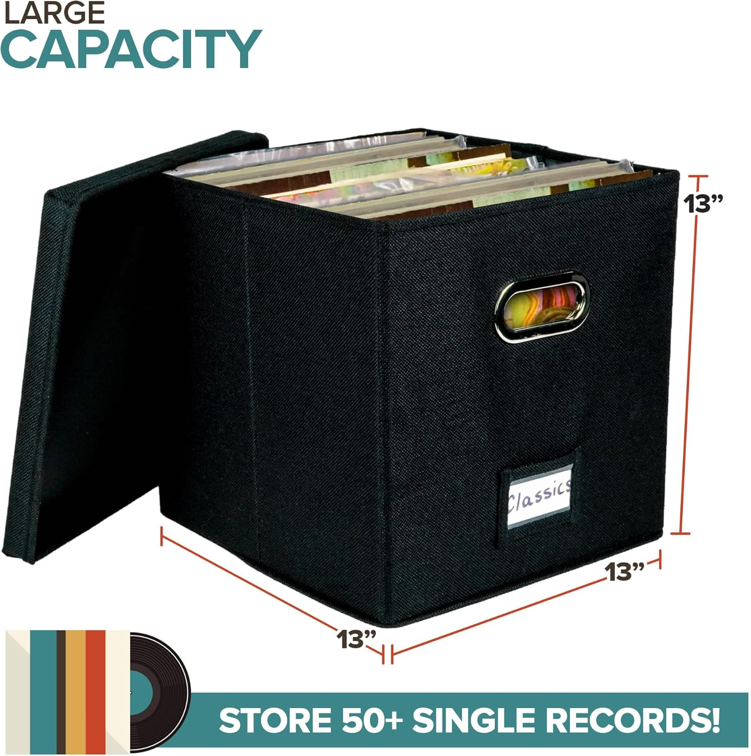 Vinyl Record Storage Box for up to 50+ 12-Inch Albums, Records Crate, LP Album Storage, Fabric Storage Boxes with Lids for Moving, Office, Closet, Home Organizer 13x13x13 (Black)