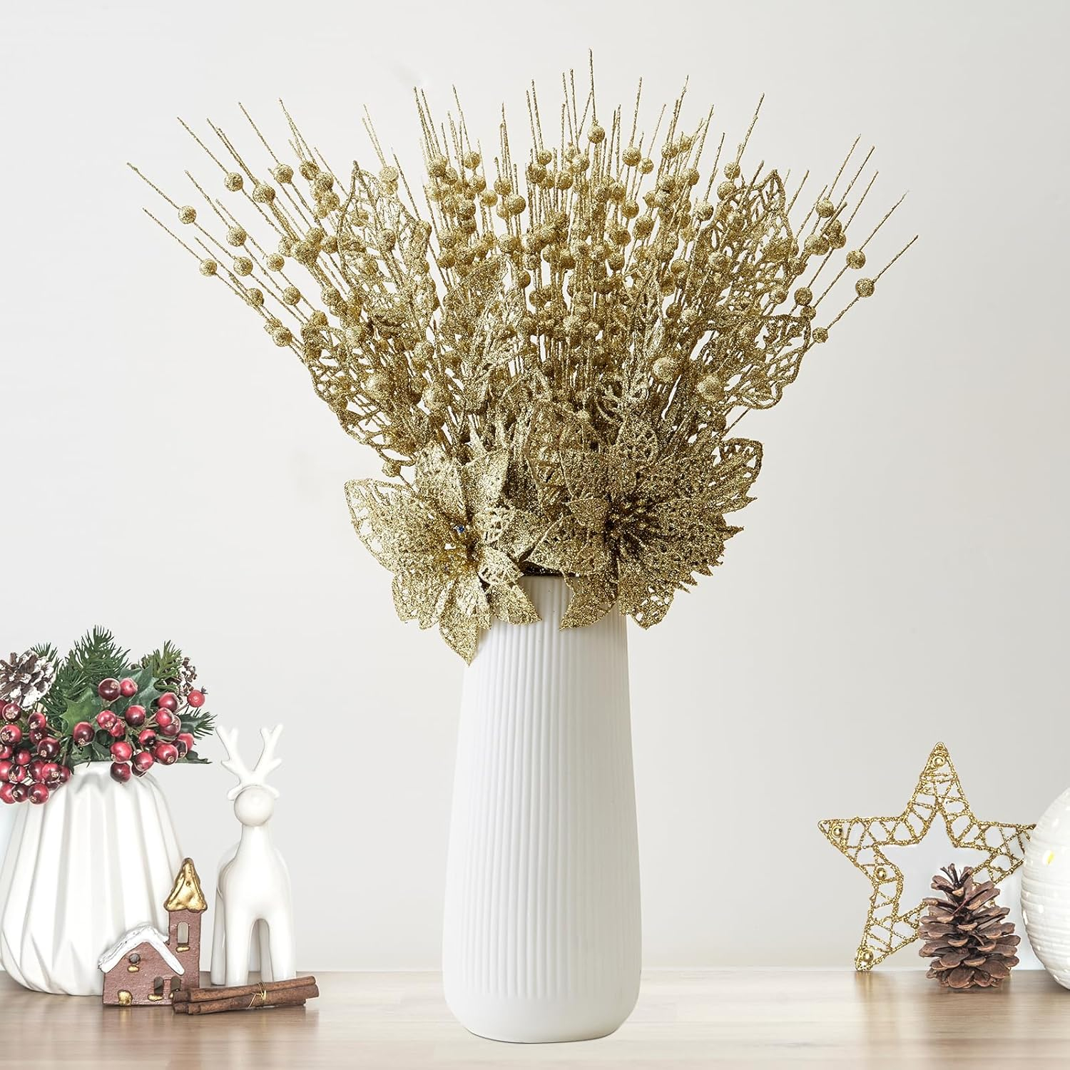 24 Pack Christmas Tree Ornaments - Artificial Flowers Glitter Berry Stems Christmas Floral Picks Branches for Xmas Tree Decorations Vase Filler Holiday Wedding Party Home Decor (Gold)