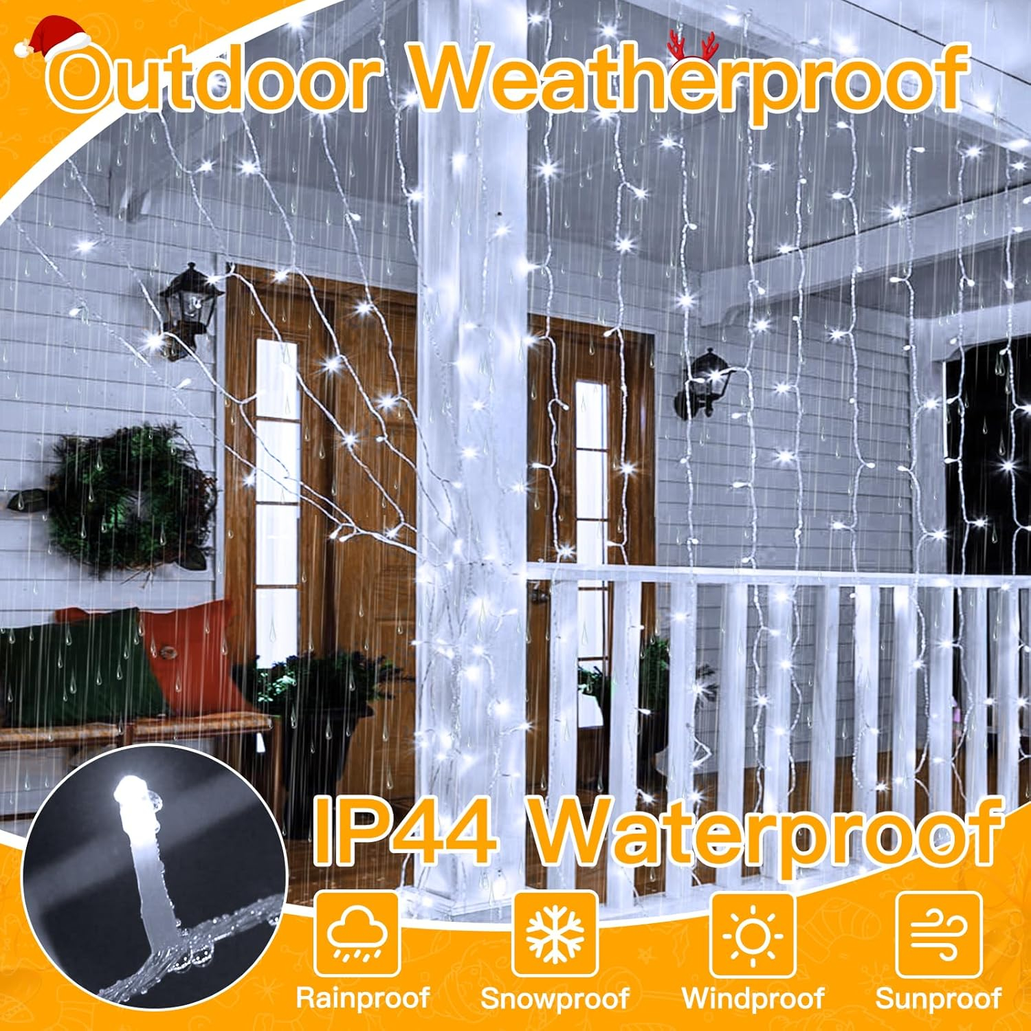 Ollny 300 LED 9.8ftx9.8ft Outdoor Waterproof Christmas Curtain Lights with Remote Timer 8 Modes, USB Powered, Cool White