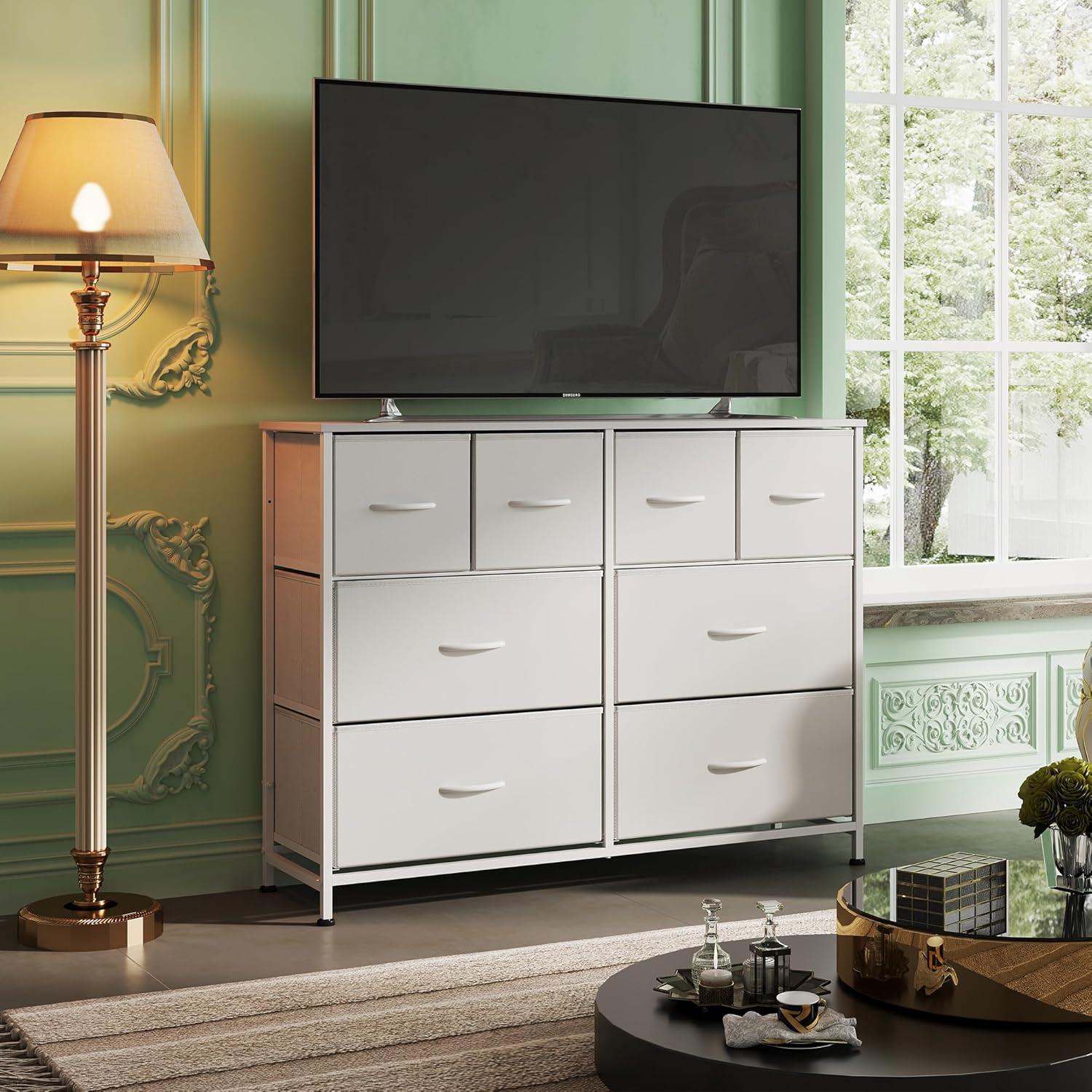 White Steel and Fabric 8-Drawer Bedroom Dresser
