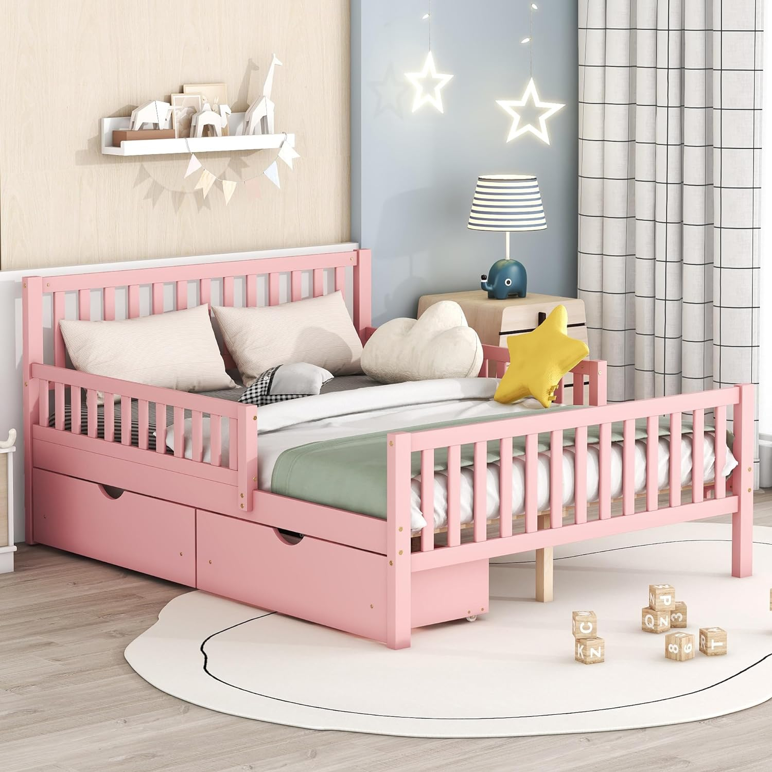 Harper & Bright Designs Full Storage Bed Frame for Kids, Wood Full Size Bed with 2 Drawers, Full Platform Bed with Guardrails on Both Sides for Kids, Girls, Boys, Pink