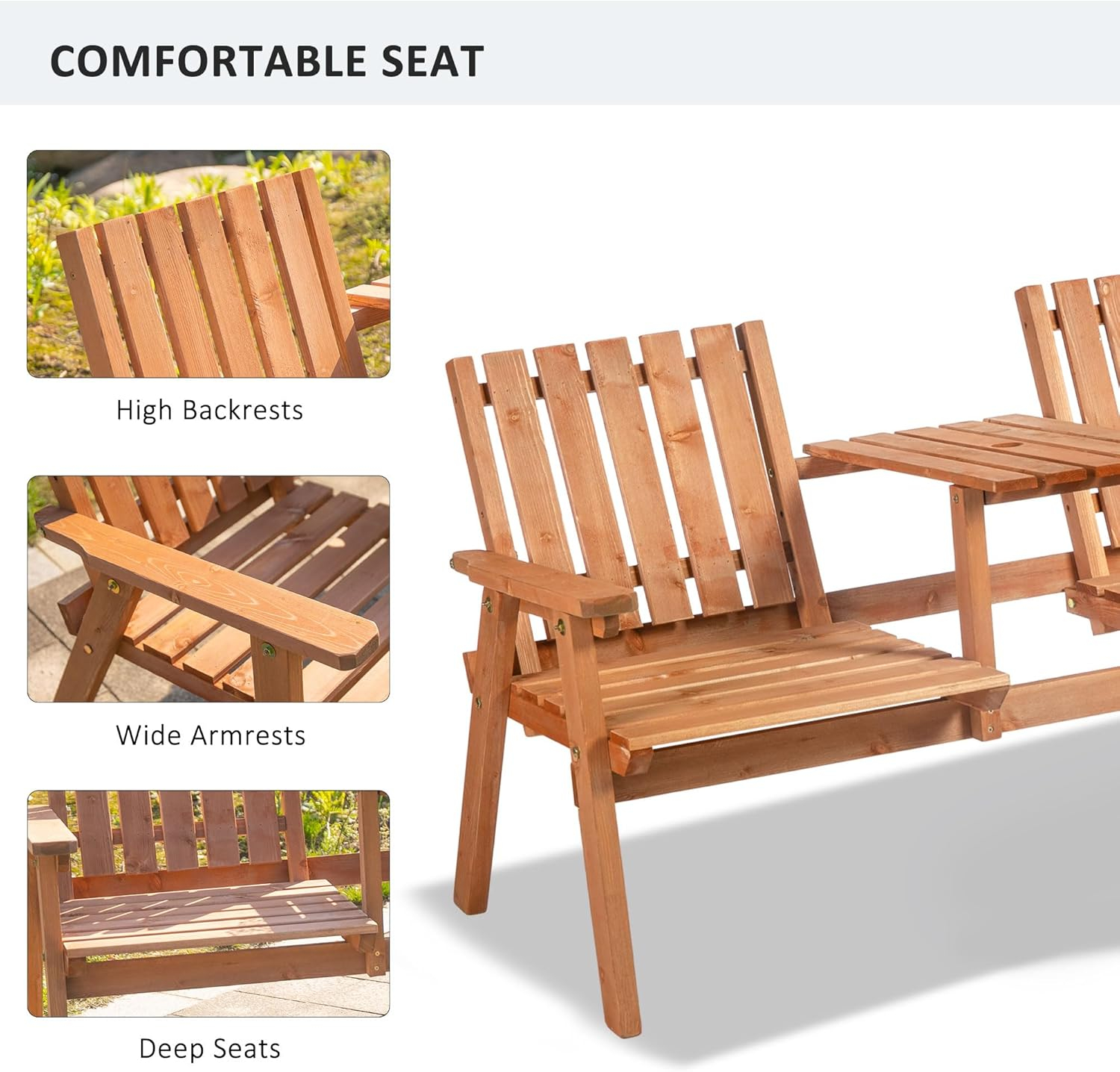 Outsunny Patio Bench, Wood Garden Bench with Center Table & Umbrella Hole, Wooden Outdoor 2 Chair Set, Slatted, Varnished, Orange