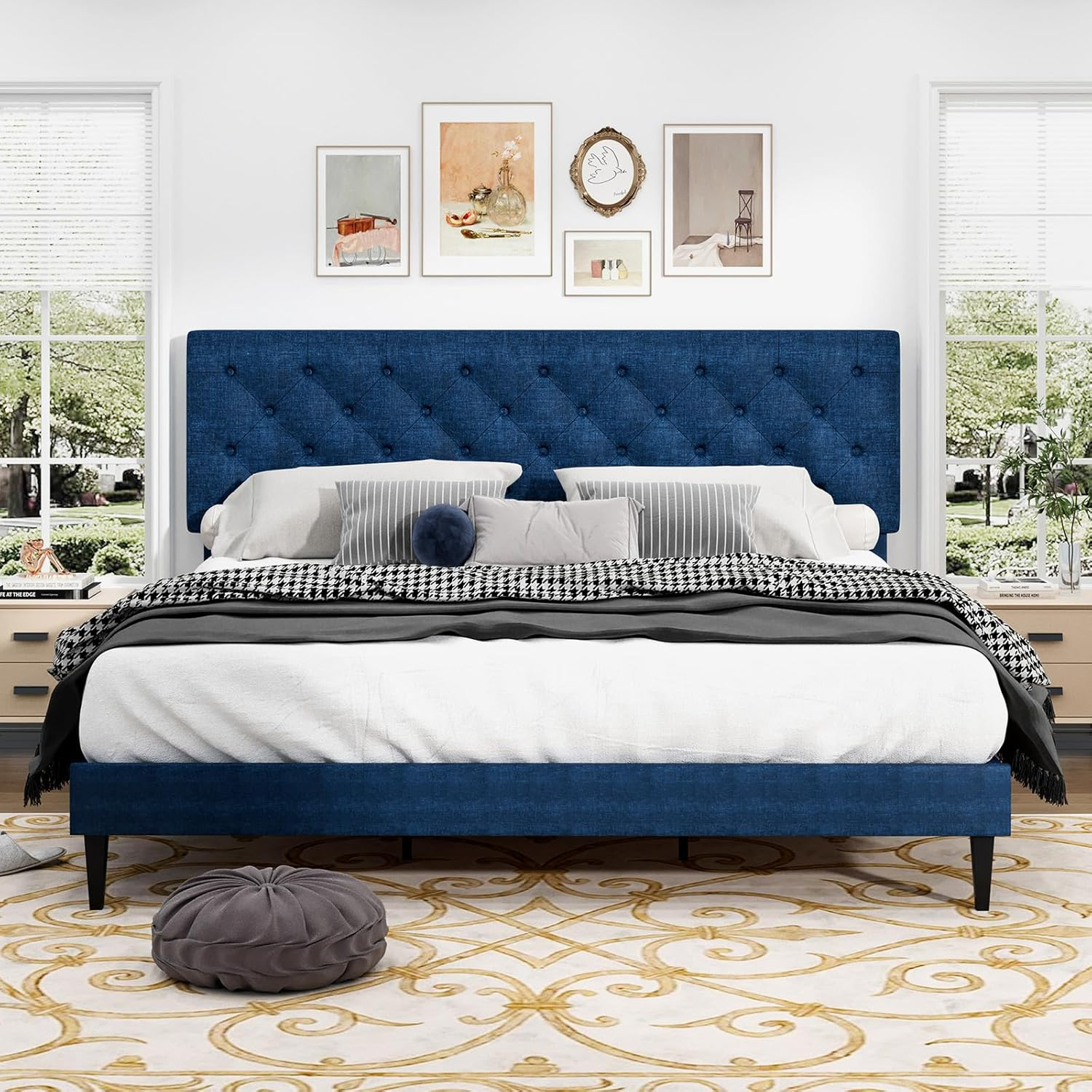 King Size Bed Frame, Upholstered Platform Bed Frame King with Button Tufted Headboard, Wooden Slats Support, No Box Spring Required, Easy Assembly, Navy Blue