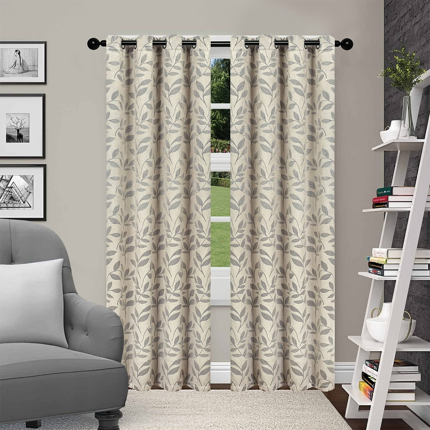 Superior Leaves Blackout Curtain Panel, 8 Grommets, Set of 2, 52" W x 96" L, Ivory