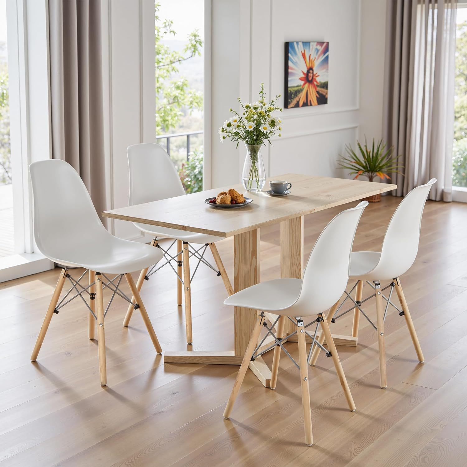 CangLong Modern Style Dining Chairs, Mid Century Plastic Dining Chair with Wood Legs, for Kitchen, Dining, Bedroom, Living Room, Set of 4, White