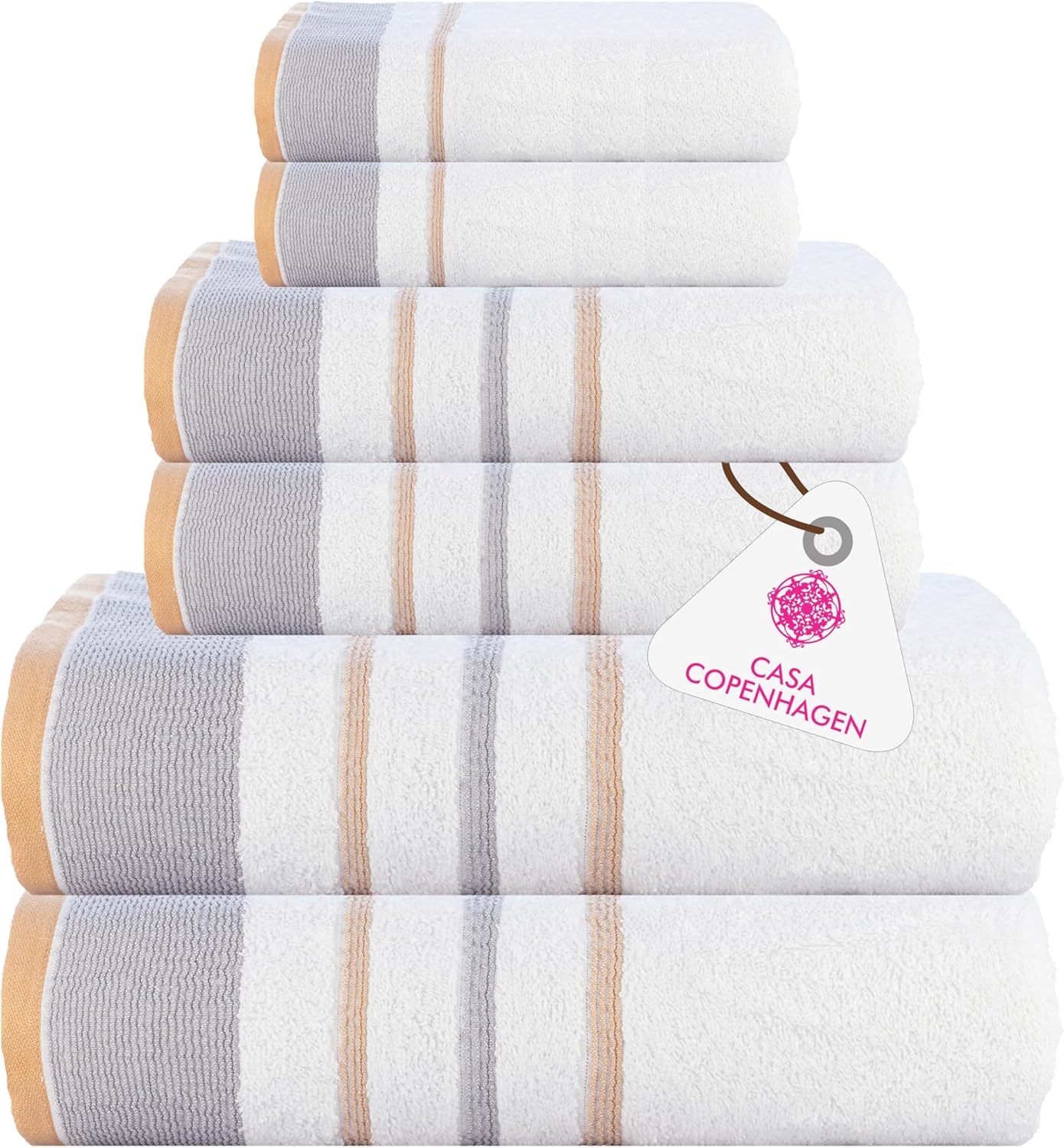 Casa Copenhagen White Bay, 6 Pieces Towel Set- White with Grey and Beige Border, 600 GSM, 2Bath, 2Hands, 2Washcloths Egyptian Cotton Towel for Hotel Spa Kitchen Bathroom Kitchen & Shower