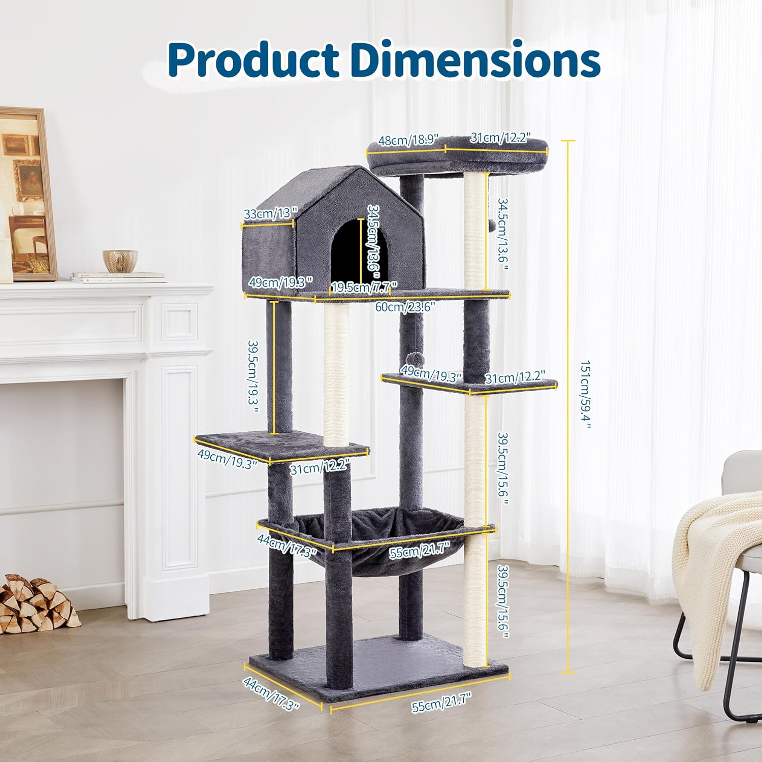 Gray 60 inch Multi-Level Cat Tree with Sisal Posts and Hammock