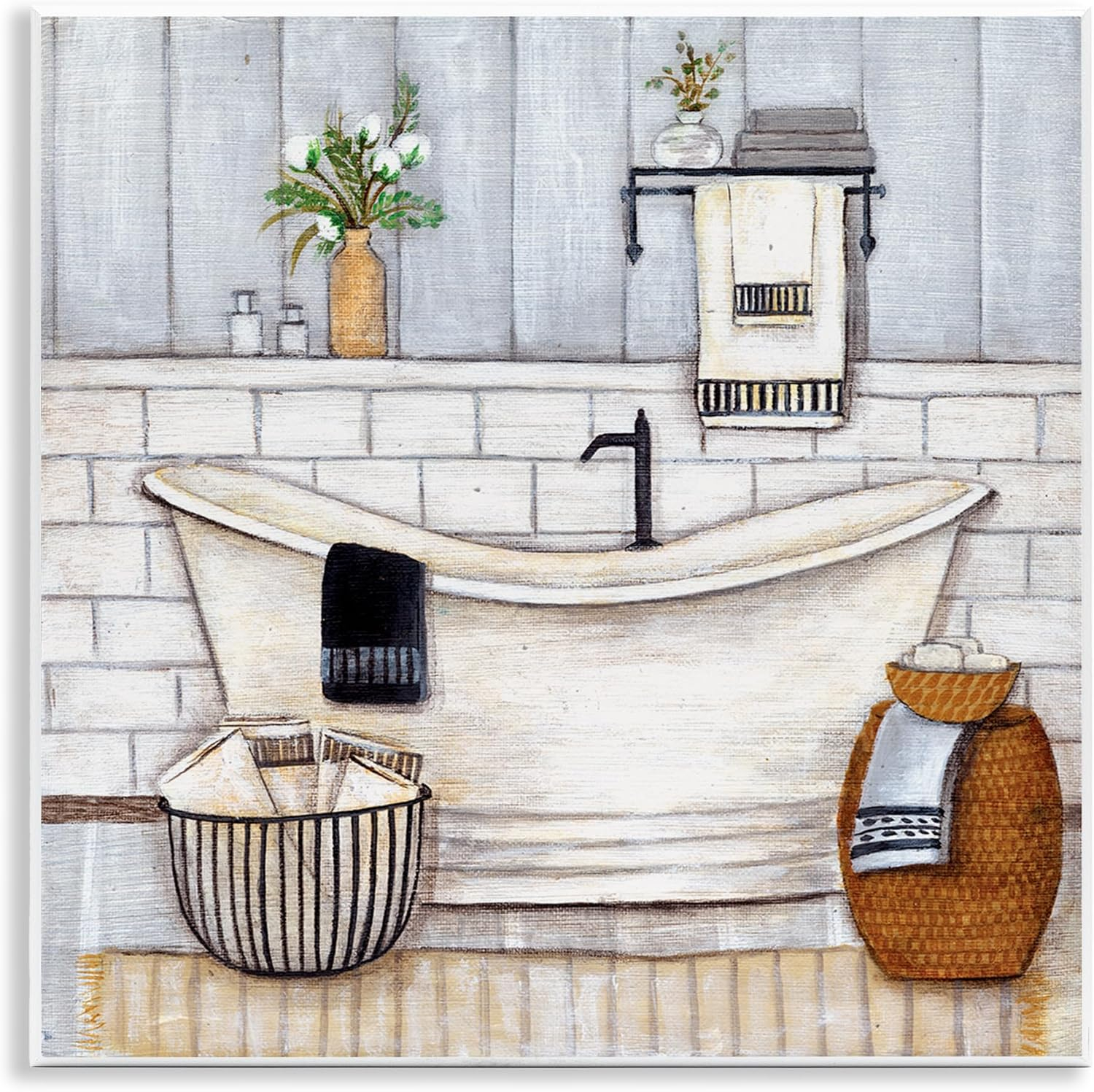 Stupell Industries Bathroom Farmhouse Style Tub Neutral Grey Drawing Paintings Unframed Art Print Wall Art, 12x12, by Yellow Café