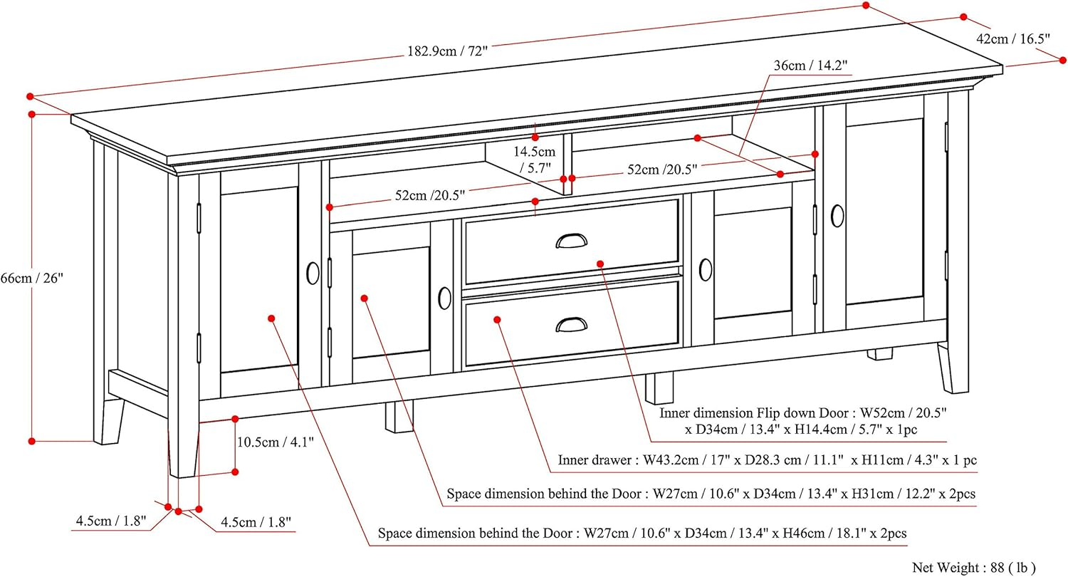 Simpli Home Redmond Wood 72" Transitional TV Media Stand in Brunette Brown For TVs up to 80"