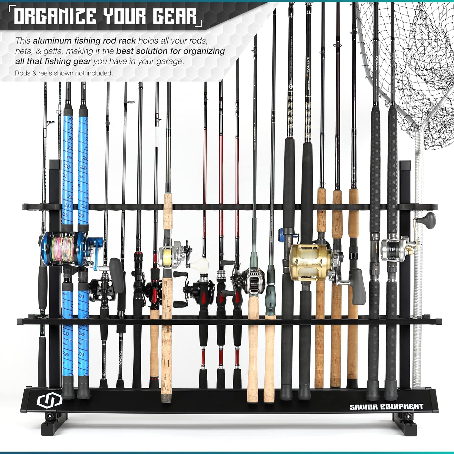 Savior Equipment Fishing Rod Rack Holder Organizer, 24-48 Slots to Hold Fresh Salt Water Spinning Rods & Reel Combo, Lightweight Aluminum Vertical Fish Pole Garage Storage Ground Display Stand