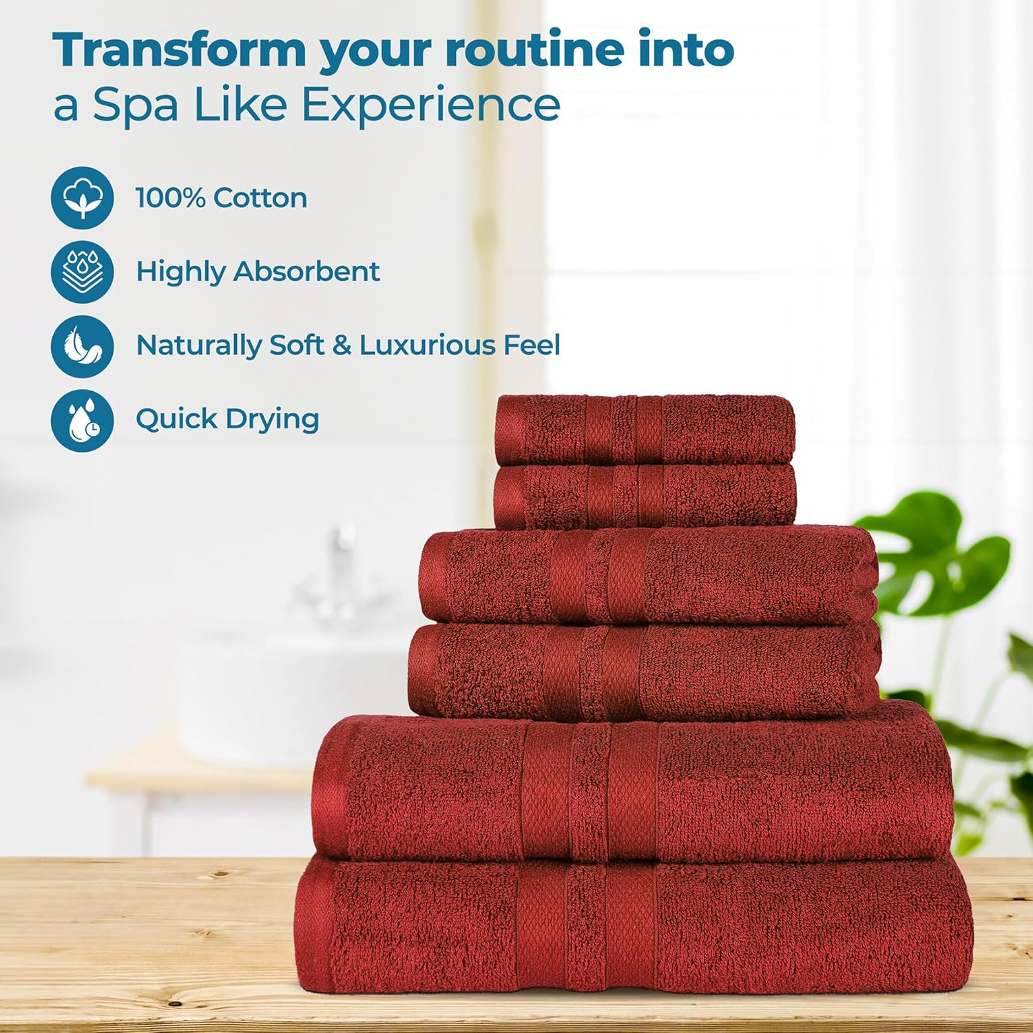 Superior Ultra Soft Cotton Solid 6-Piece Towel Sets, Maroon