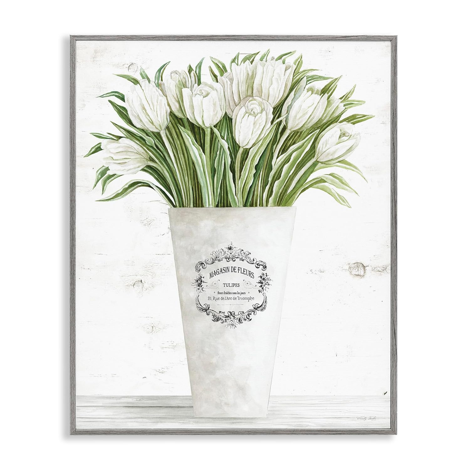 Stupell Industries White Tulip Bouquet in Parisian Vase Floral Arrangement Framed Wall Art Design by Cindy Jacobs, 16" x 20", Gray Framed
