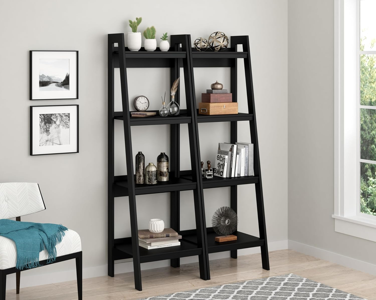 White Adjustable 4-Shelf Ladder Bookcase for Office and Living Room