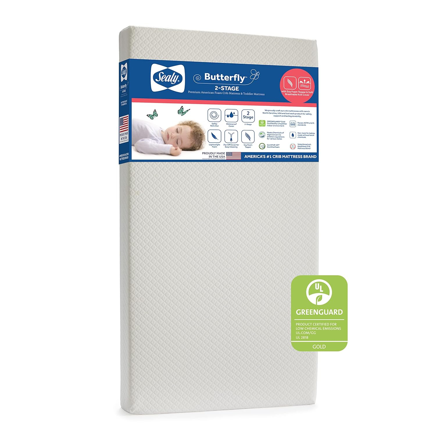 Sealy Baby Butterfly Breathable Knit 2 Stage Waterproof Crib Mattress plus Toddler Bed Fit, Washable Easy Clean Zip Off Cover, GREENGUARD Gold Certified, Safety & Quality Tested, Made in USA, 52"X28"