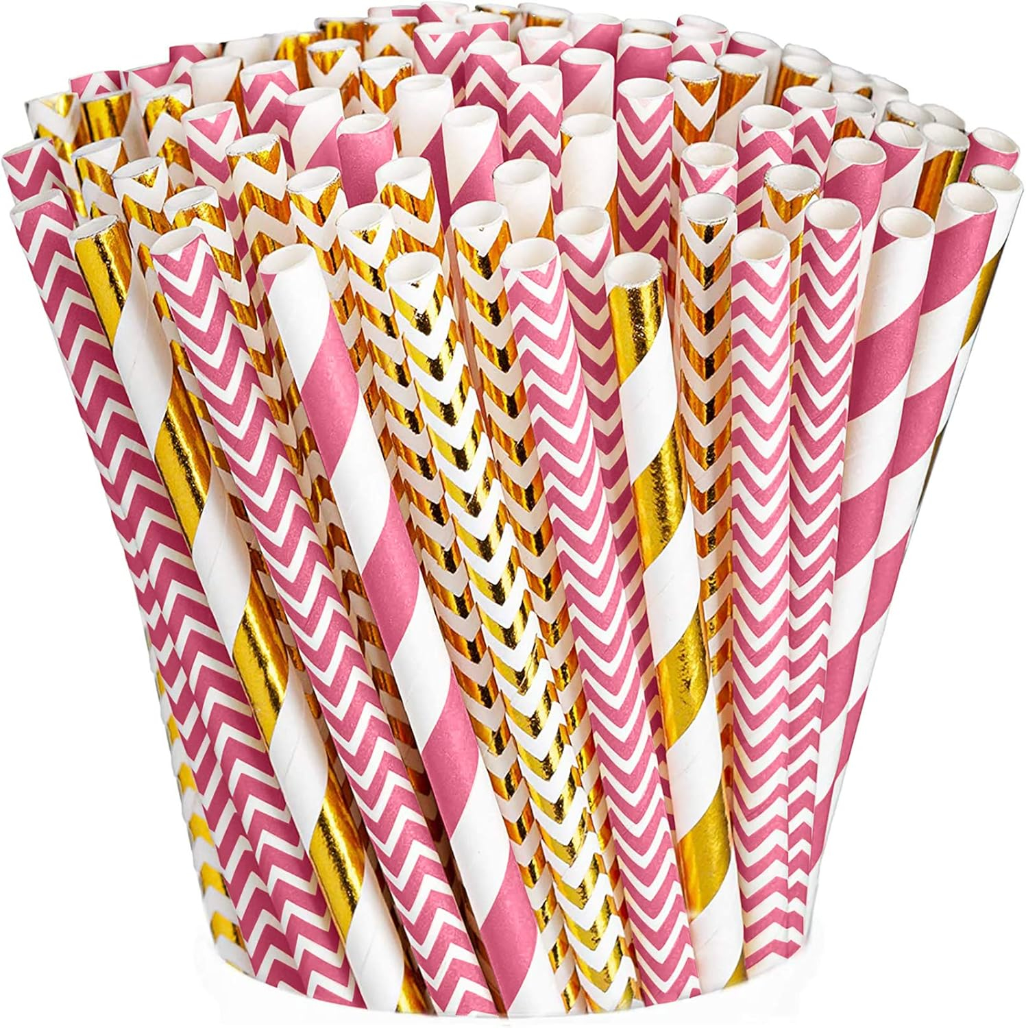 Comfy Package Hot Pink & Gold Biodegradable Straws Disposable Paper Straws, 200-Pack