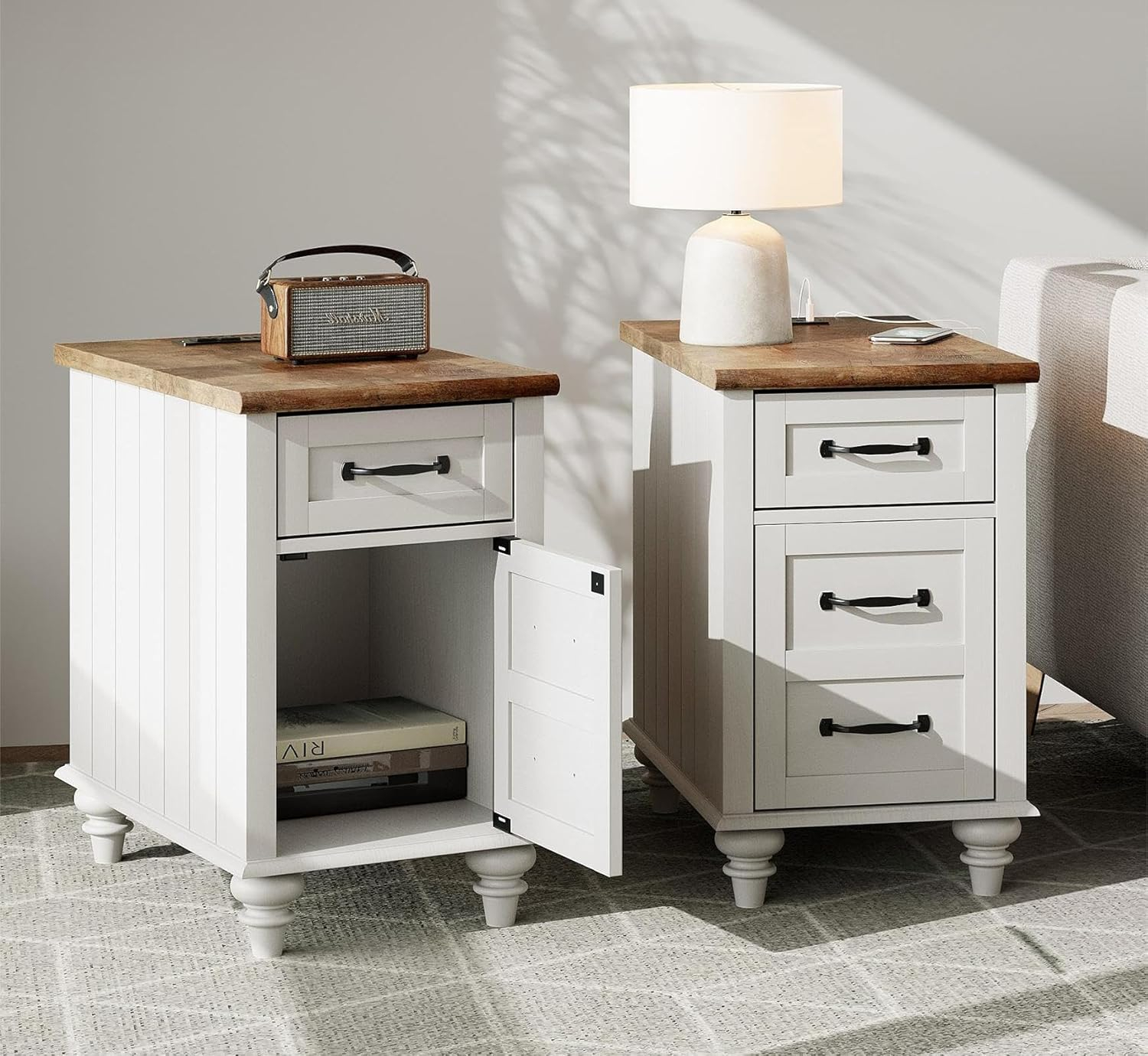 WAMPAT 2 Pack End Tables with Charging Station, Farmhouse Side Table with Drawer & Storage Cabinet, White Nightstand with Power Outlets & USB Ports for Living Room, Bedroom