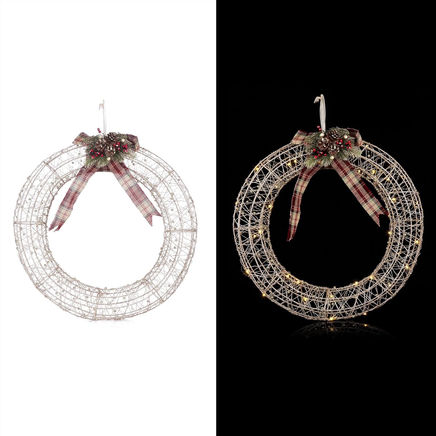 Hanging Christmas Wreath Decoration with Warm White LED Lights, Gold