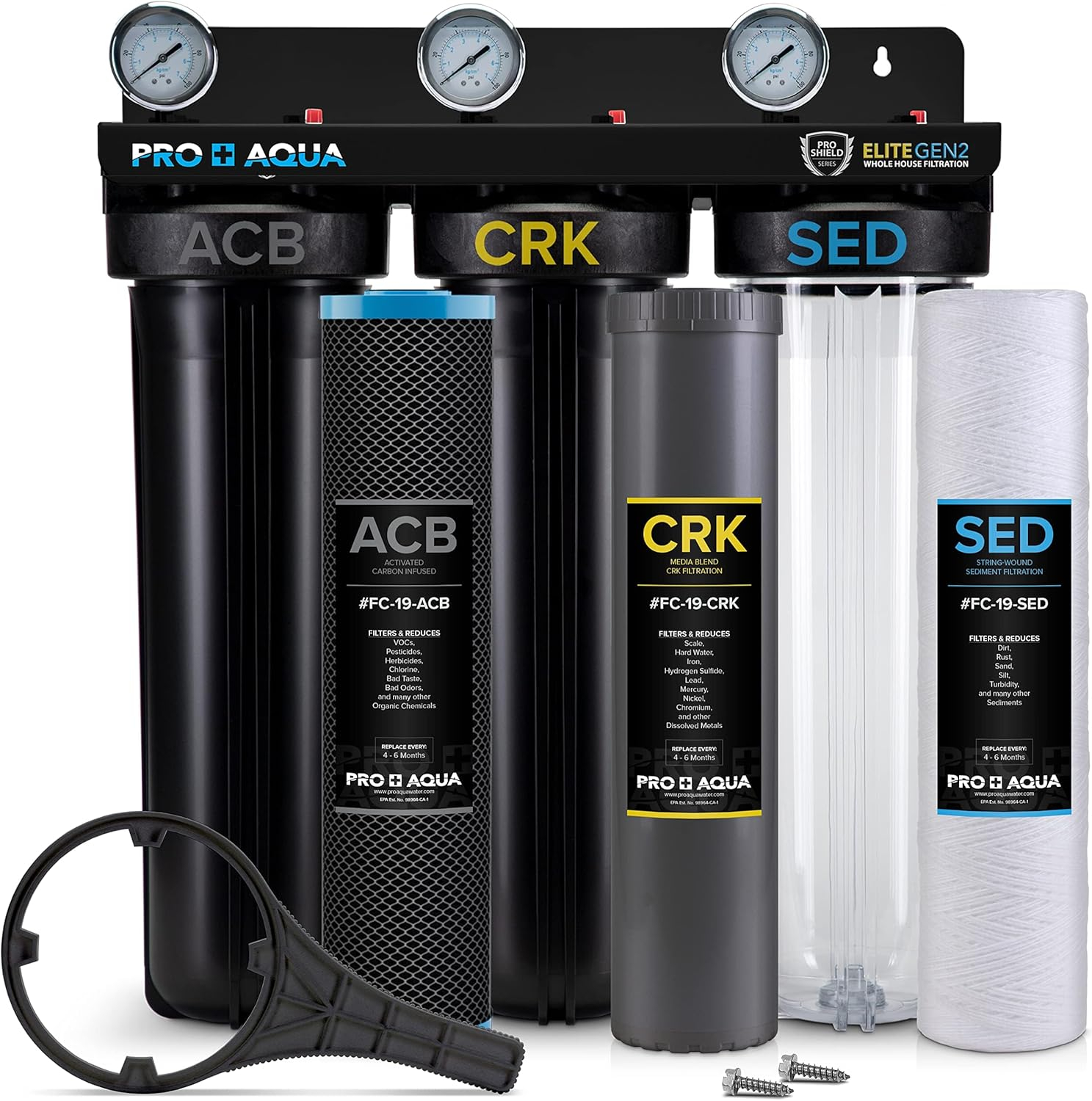 Elite Whole House Water Filter 3-Stage Well Water Filtration System with Gauges, PR Button 1 in. Ports Filter Set