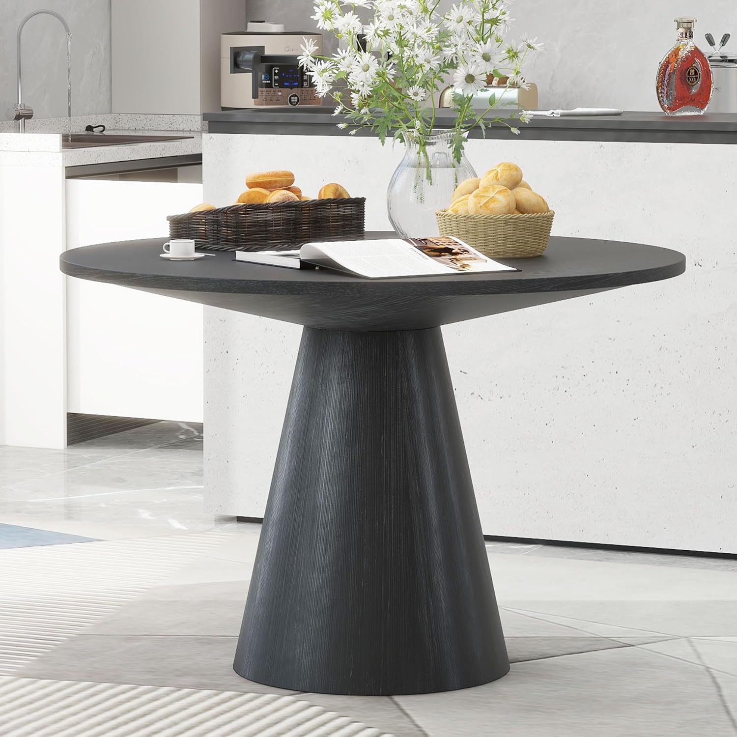 46.5"" Modern Round Dining Table for 4-6,Wooden Round Kitchen Table with MDF Table Top & Pedestal Base,Mid Century Modern Round Dining Table for Dining Room Kitchen,Living Room, Black