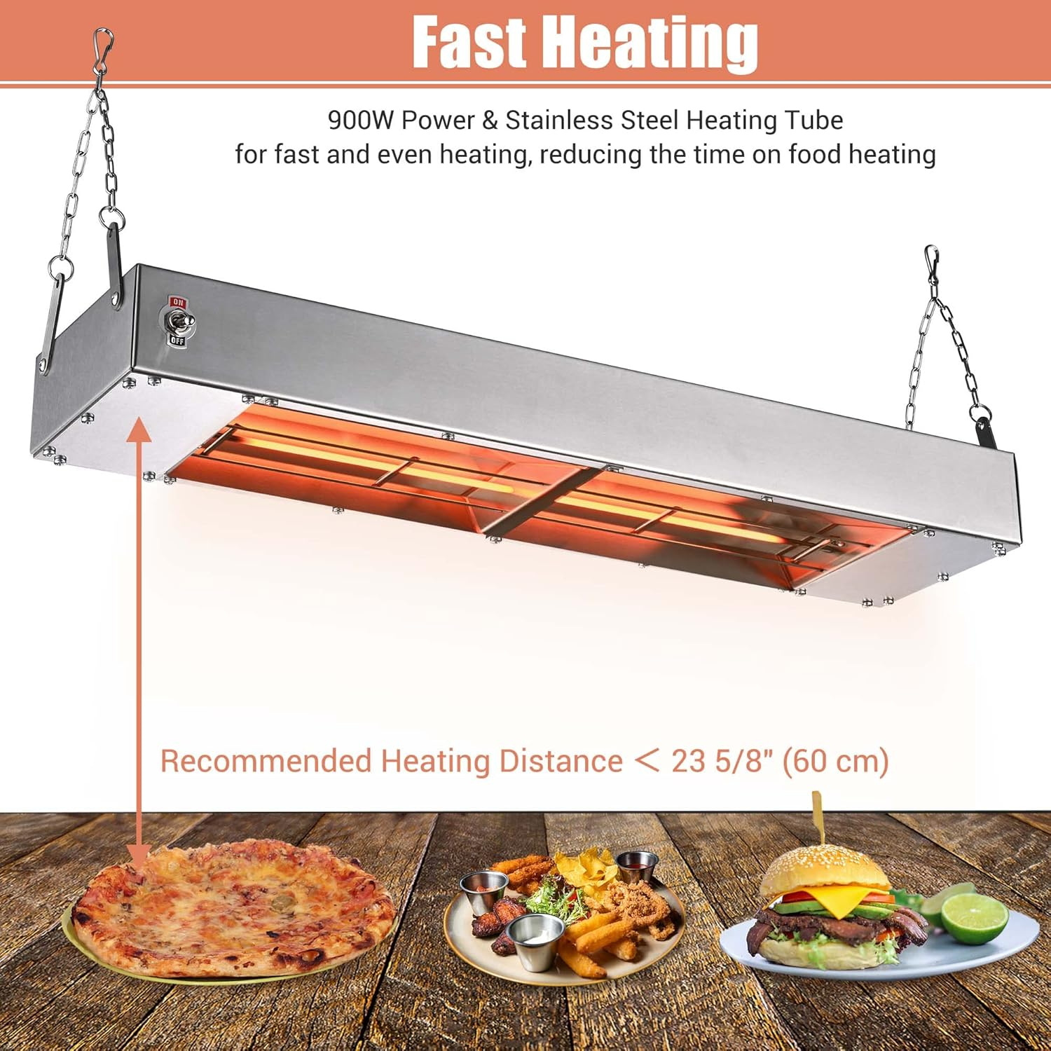 WeChef Commercial Food Warmer 24" 900W Electric Strip Heater Portable Stainless Steel Fry Heating Lamp for Fry Dishes