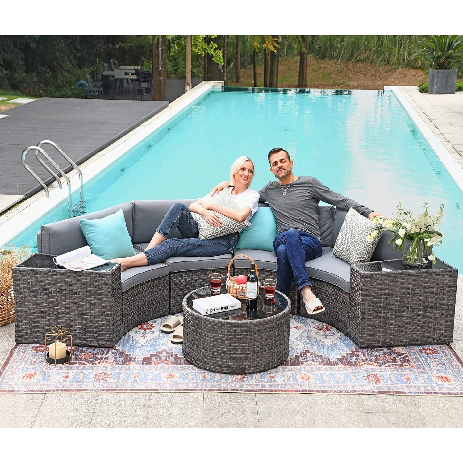 SUNSITT Outdoor Patio Furniture Sectional 7-Piece Half-Moon Curved Outdoor Sofa Set with Round Coffee Table, 4 Pillows & Waterproof Cover, Grey Rattan