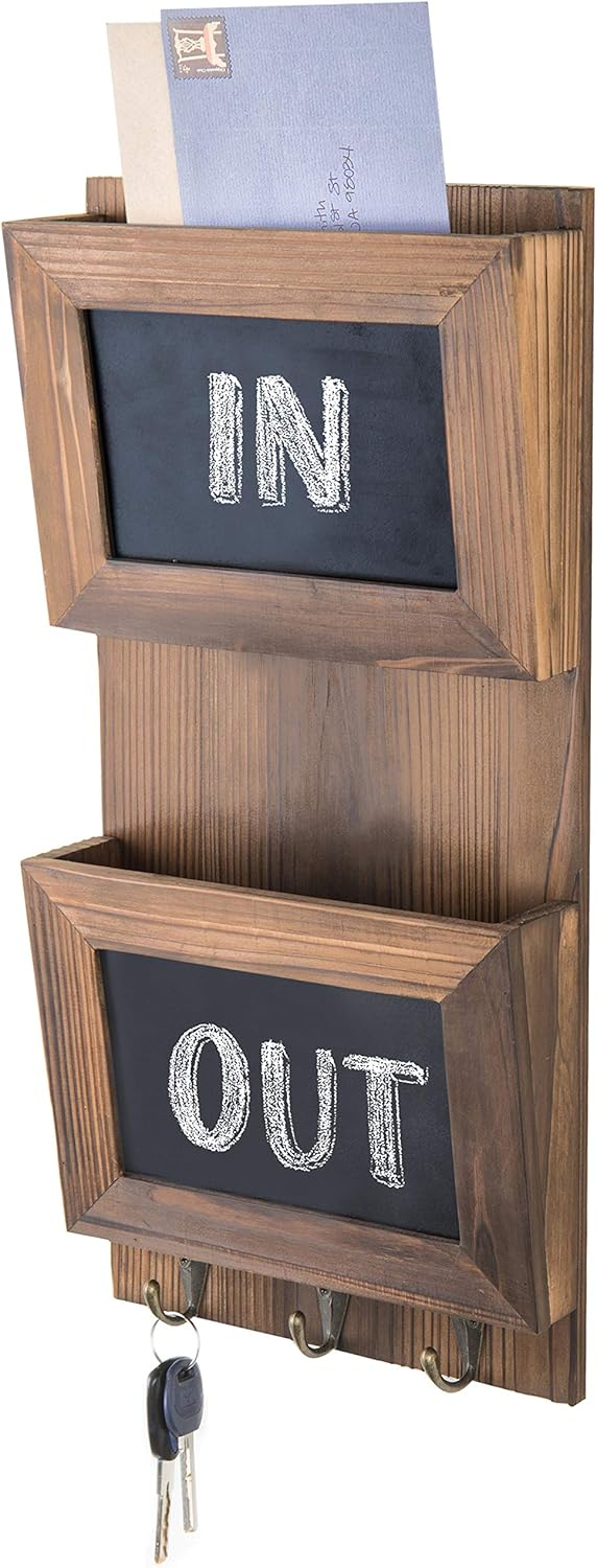 MyGift Rustic Wood Wall-Mounted 2-Slot Mail Sorter Organizer with Chalkboard Surface and 3 Key Hook Rack