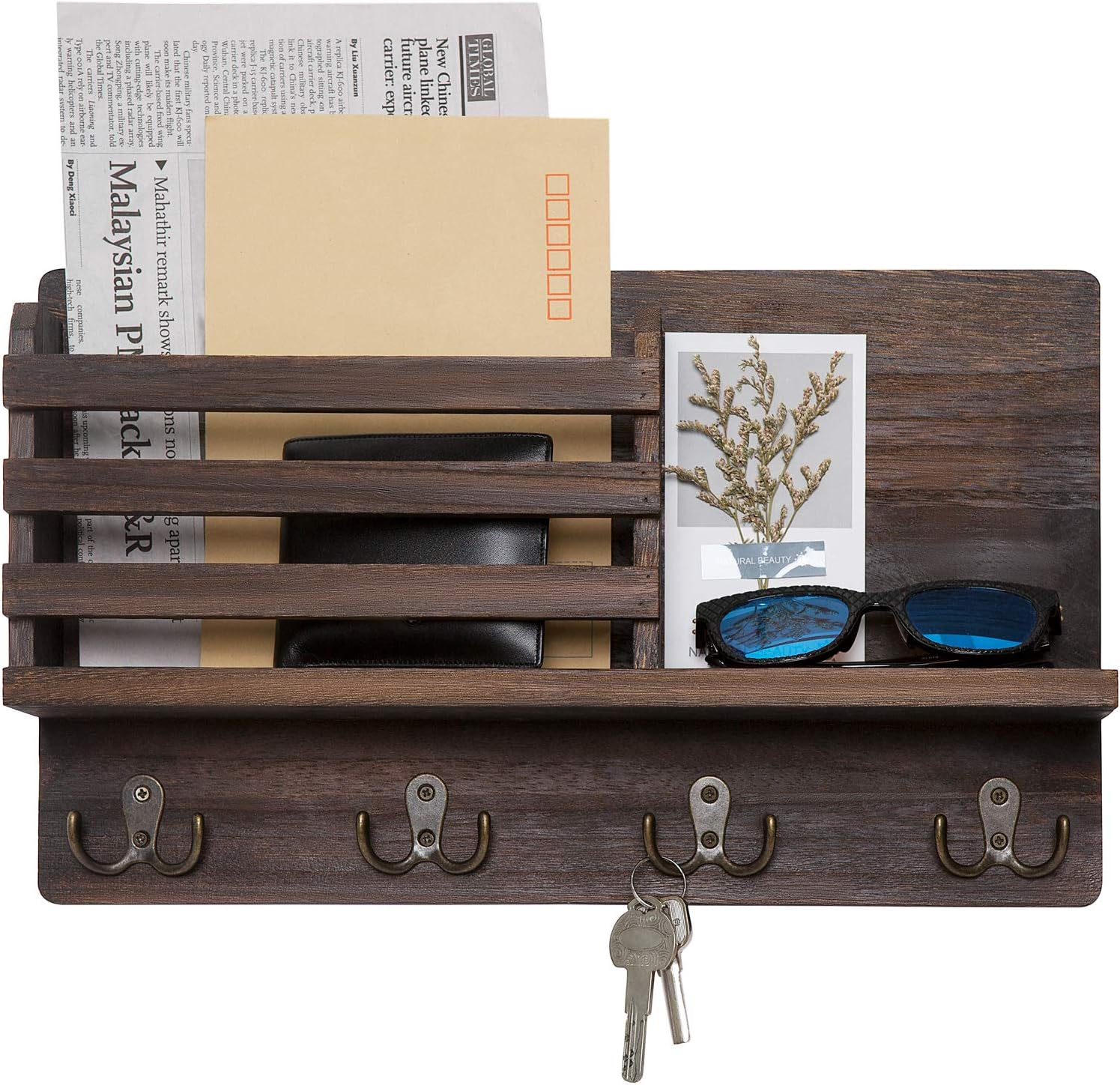 Dahey Wall Mounted Mail Holder Wooden Key Holder Rack Mail Sorter Organizer with 4 Double Key Hooks and A Floating Shelf Rustic Home Decor for Entryway or Mudroom,15.7" W x9.3 Hx3.2 D, Brown