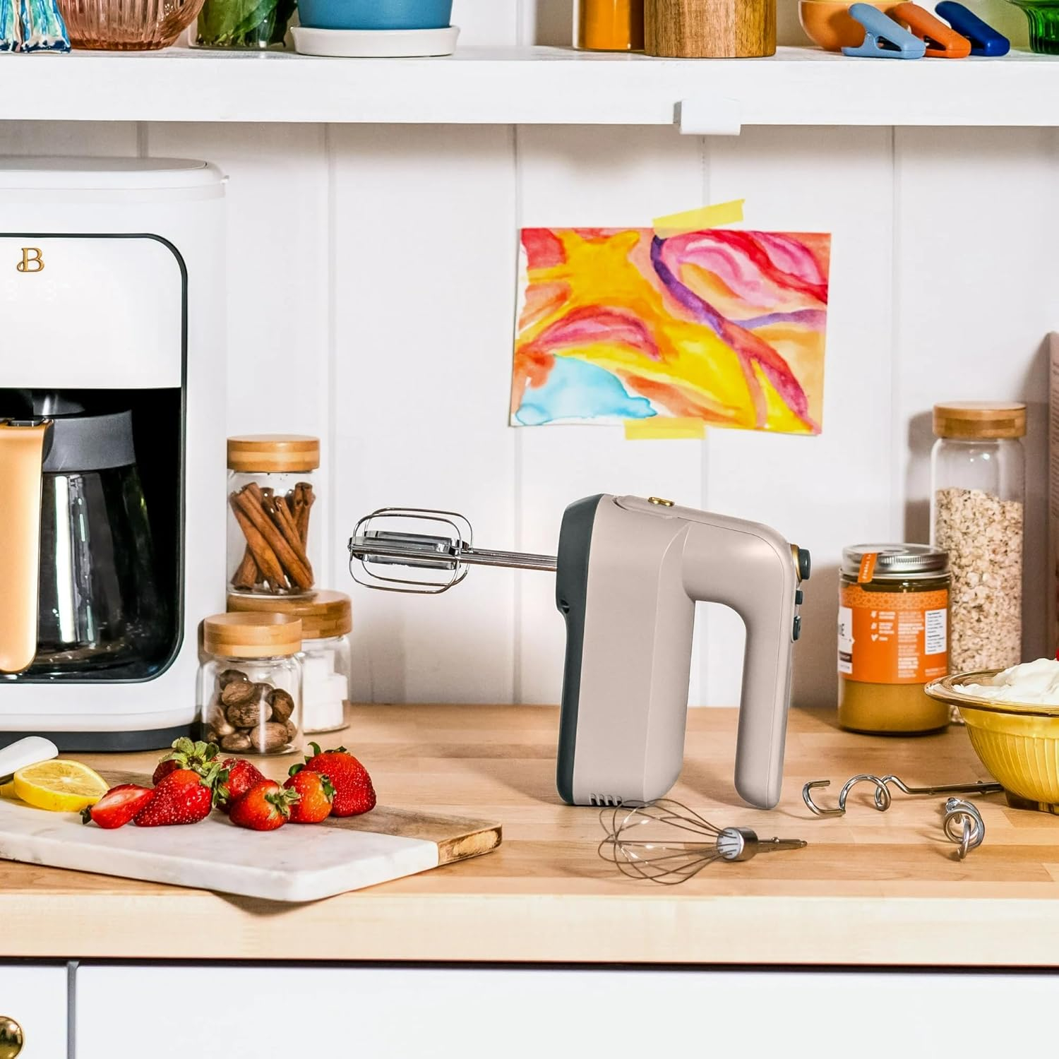 Beautiful 6-Speed Electric Hand Mixer, Porcini Taupe by Drew Barrymore